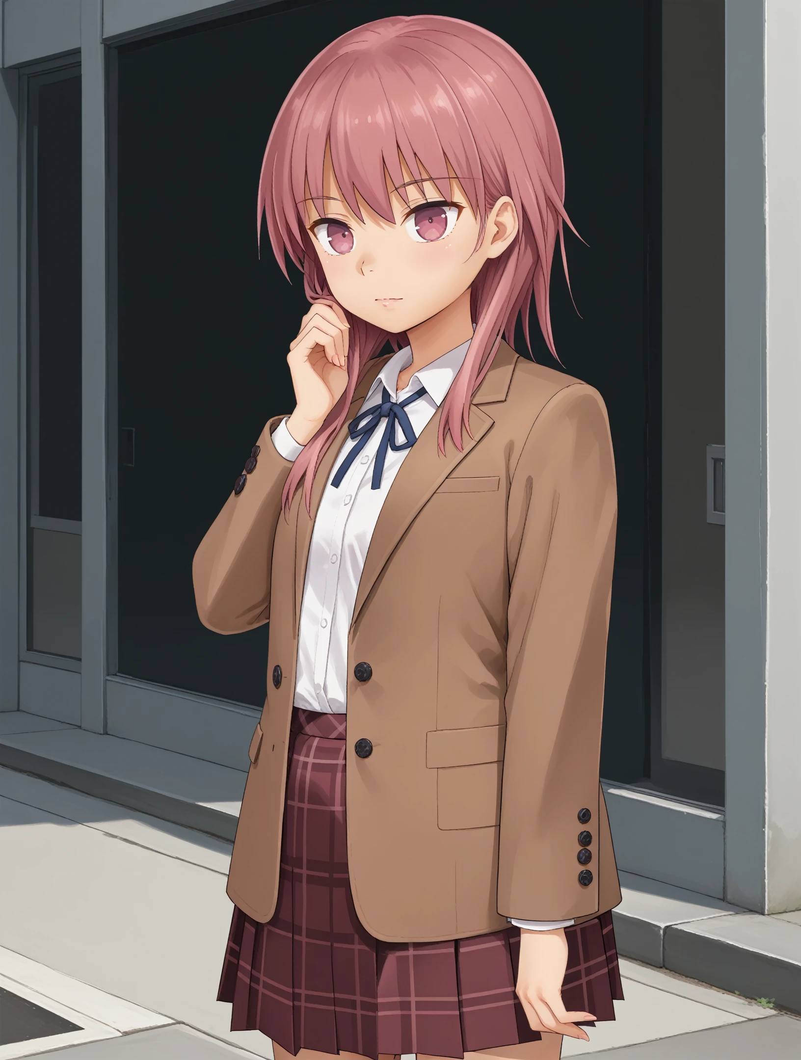 score_9, score_8_up, score_7_up,
1girl,solo,
 <lora:hinori-Kakuriyo.sfw.pony.v2:0.6> hinorikakuriyo, (ping hair, pink eyes,)
school uniform, white shirt, brown jacket, blazer,
plaid skirt, pleated skirt,