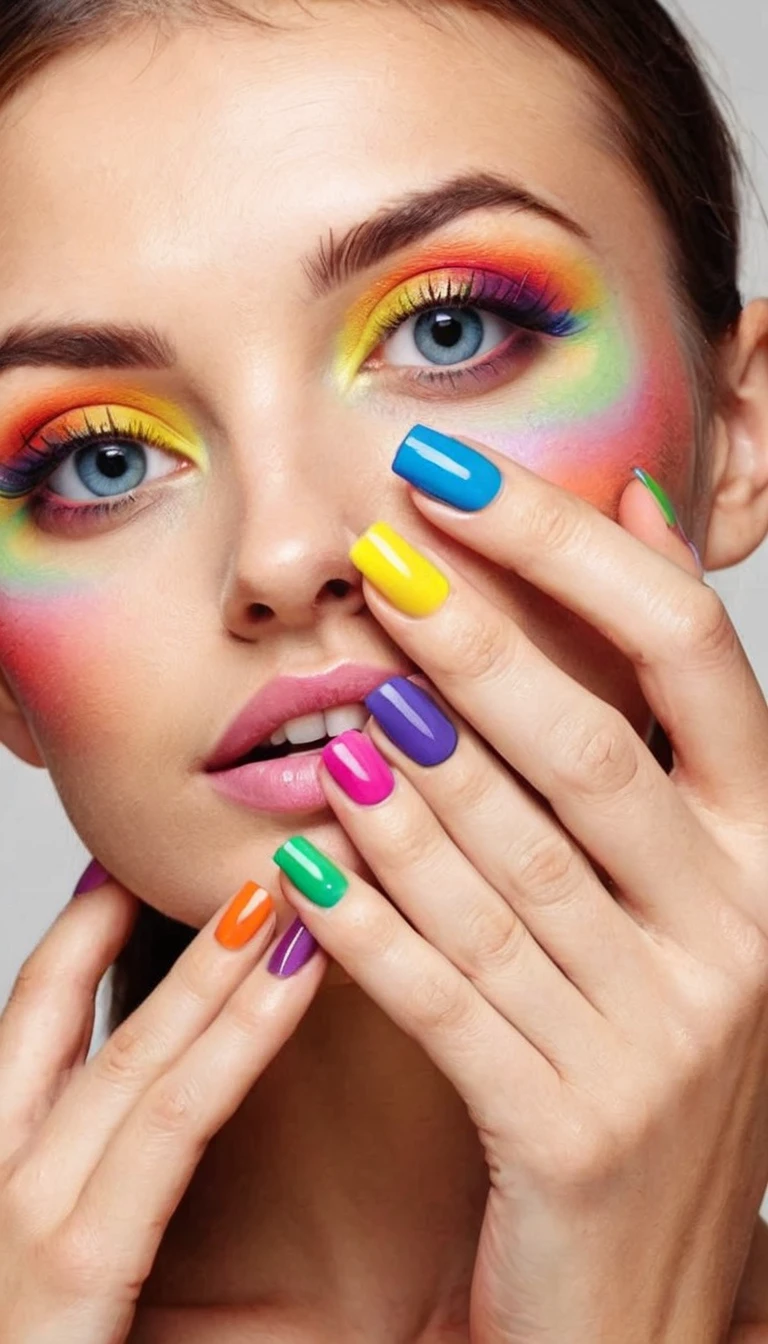 cute woman with painted nails in rainbow colors, embedding:fhanddetailxl