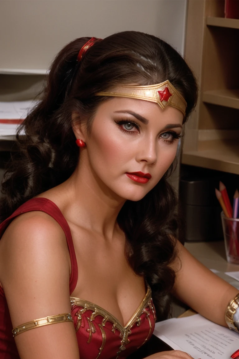 <lora:lyndacarter-03:0.6>, lyndacarter,, ((tiara, bracers)), ((detailed skin, detailed face):1.2), ((detailed eyes, beautiful eyes):1.2), ((red lipstick, eyeliner, eye shadow, blush)), , photo of a woman, ((ponytail, dark brown hair)), ((office, sitting behind a counter, pencils, pens, papers)), serious