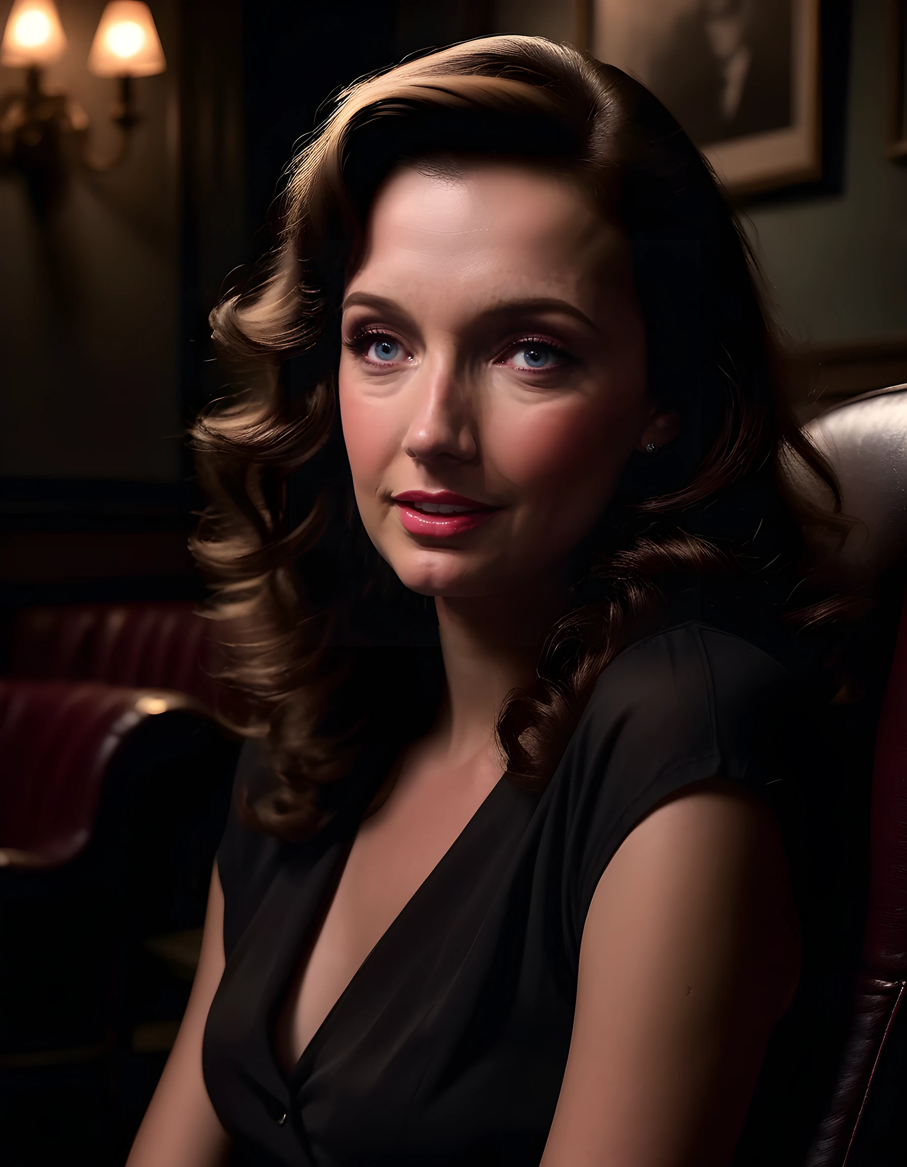 In a gritty, noir-inspired setting, a close-up shot captures Melanie Marie, a woman with long, wavy brown hair cascading down her shoulders, seated on an old, worn leather armchair. Dressed in a sleek, black shirt that hugs her figure perfectly, she exudes an air of confidence and resilience. The dimly lit room is filled with the smoky ambiance of a 1940's jazz club, where the soft glow of a single spotlight illuminates her face, casting dramatic shadows across her high cheekbones and deep-set eyes. Her gaze is intense yet haunting, as if she holds secrets that could fill a thousand stories, and her lips are parted slightly, as if ready to sing the blues or speak truths that need to be heard. The background reveals the silhouette of a saxophone player in the distance, lost in his music, creating an intimate, captivating portrait of strength and mystery.