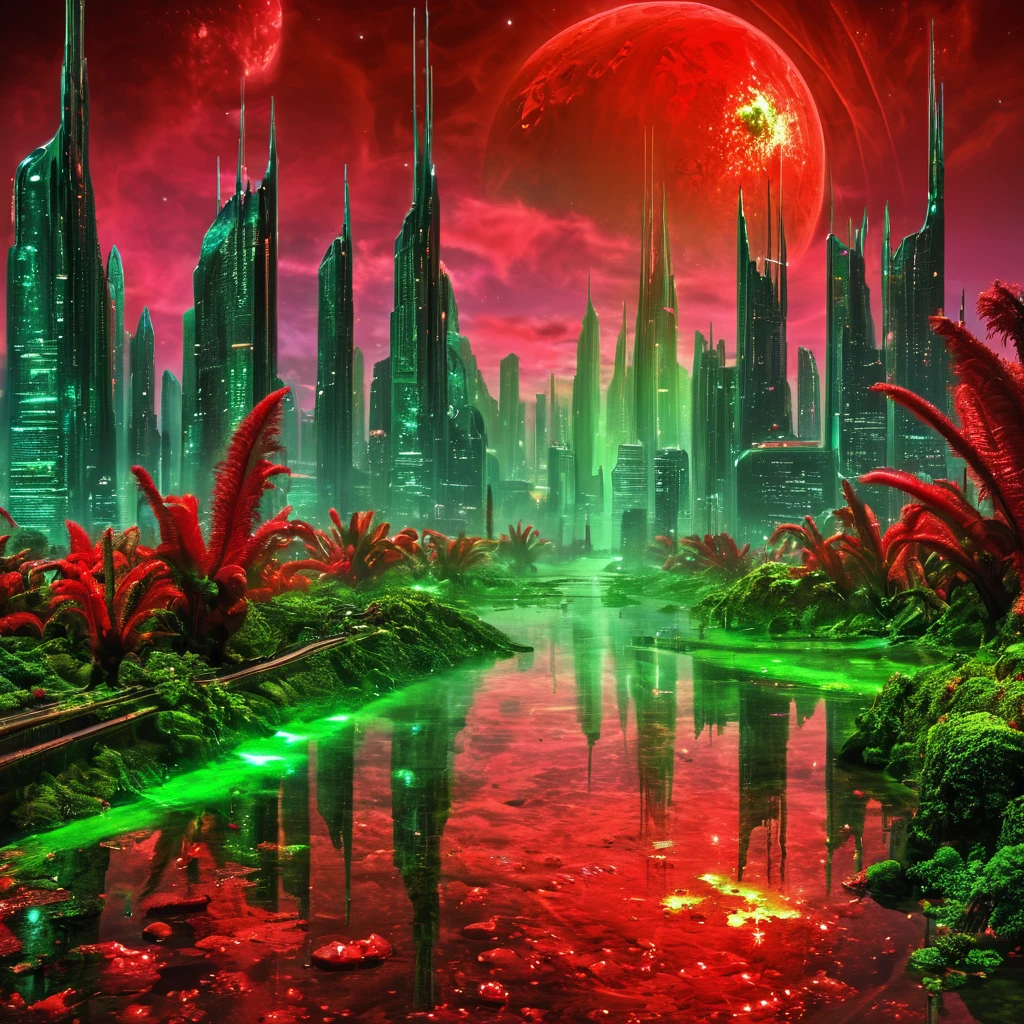 masterpiece,high resolution.
,alienworld, 
city,scenery,red and green theme,
, <lora:Alien_World-xl-8:0.6>,