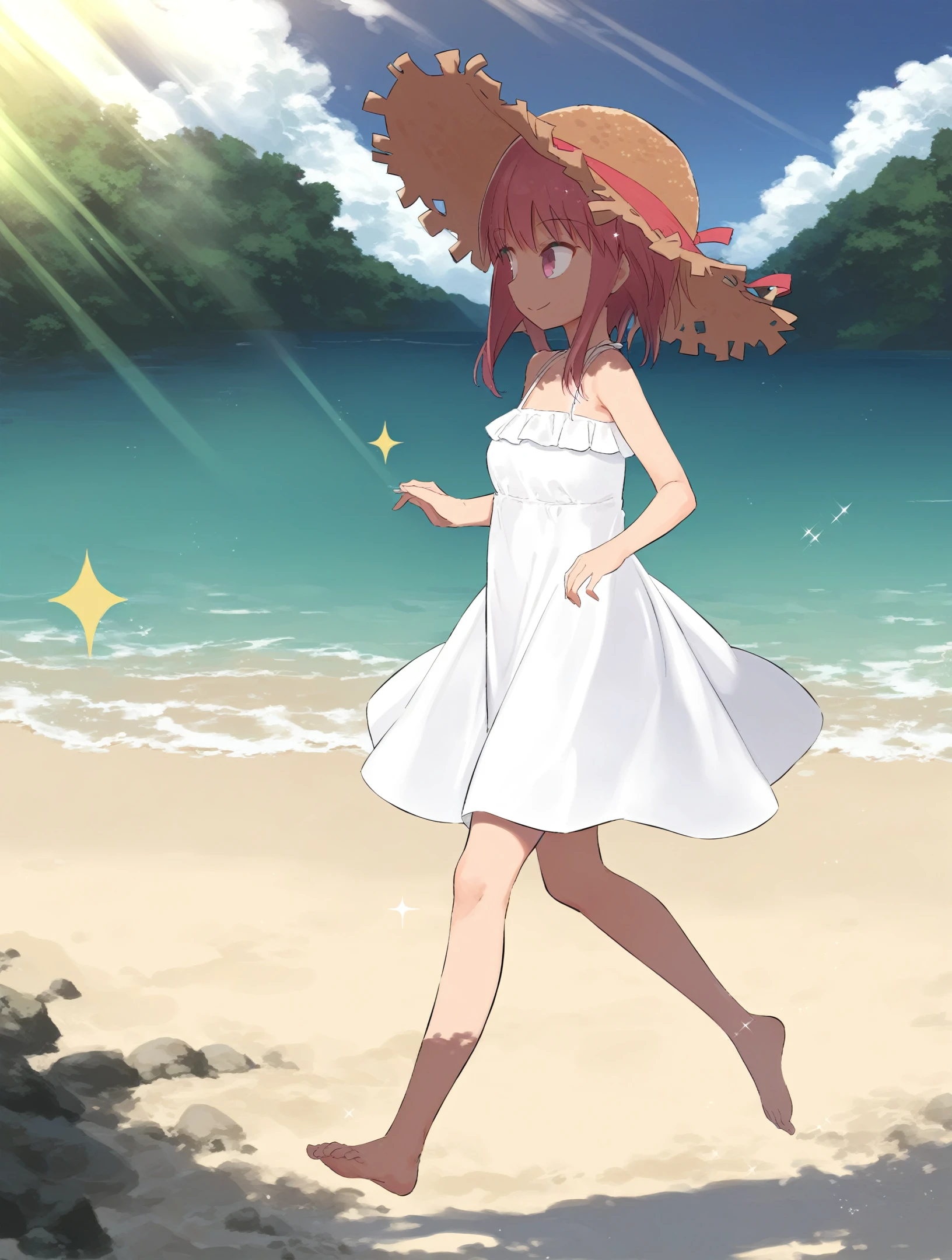 score_9, score_8_up, score_7_up,
1girl,solo,
 <lora:hinori-Kakuriyo.sfw.pony.v2:0.7> hinorikakuriyo, ping hair, pink eyes,
white dress, frills,
outdoors, sunny, blue sky, light rays, sparkle,  beach,
light smile, closed mouth, 
straw hat, 
running,  barefoot,  from side,