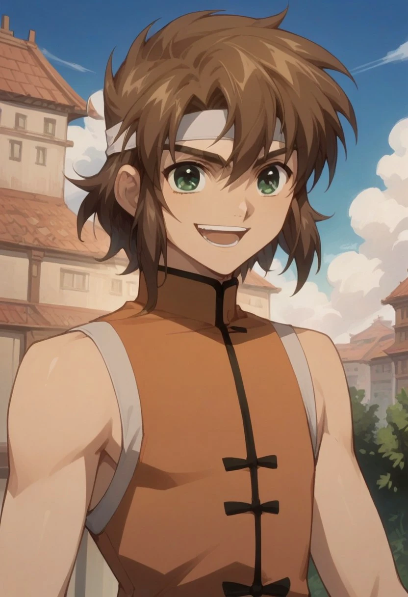 score_9, score_8_up, score_7_up, source_anime, highly detailed, 
ryu, 1boy, male focus, solo, brown hair, green eyes, headband, chinese clothes, sleeveless, wristband, smile, open mouth, 
outdoor, sky, buildings,