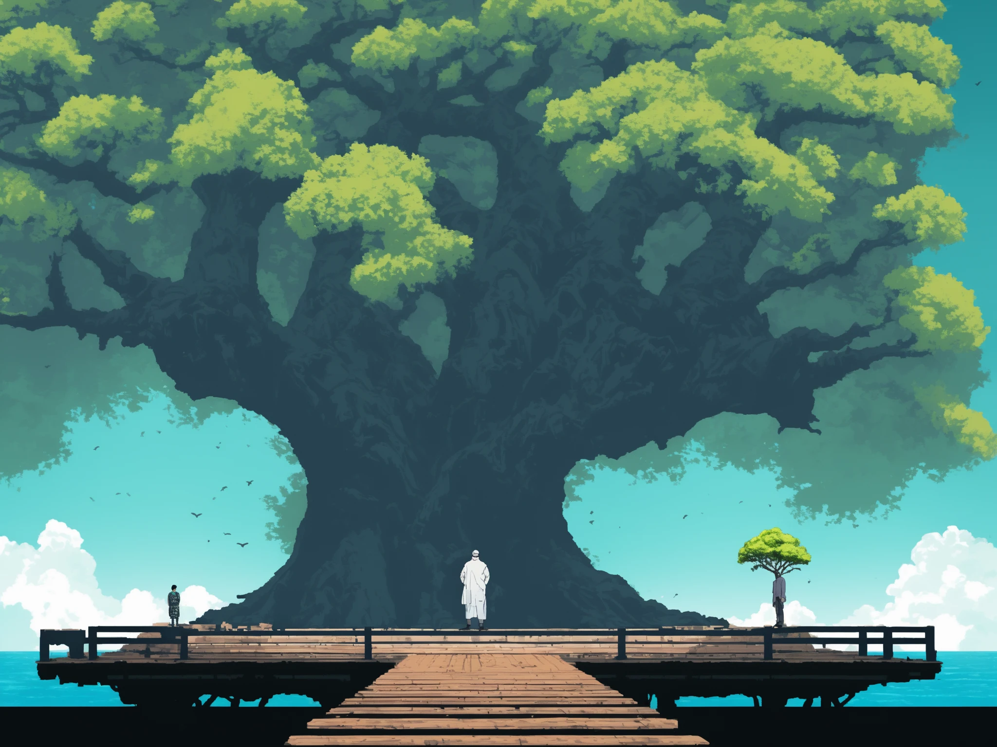 NH2D,  a scene of a tree_sea with lots of giant tree and a man standing on a platform in the middle of the picture,<lora:2dmap:0.6>