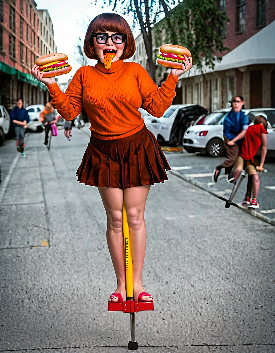 score_9, score_8_up, score_7_up, masterpiece, realistic, raw photo, photorealistic, 32k, true to life, 1girl, solo, Velma Dinkley, orange sweater, brown skirt, glasses, short brown hair. cute face. jumping on a pogo stick, ((handle bars:1.5)) holding handle bars. Down a city street. (((Eating a hotdog:1.6)))