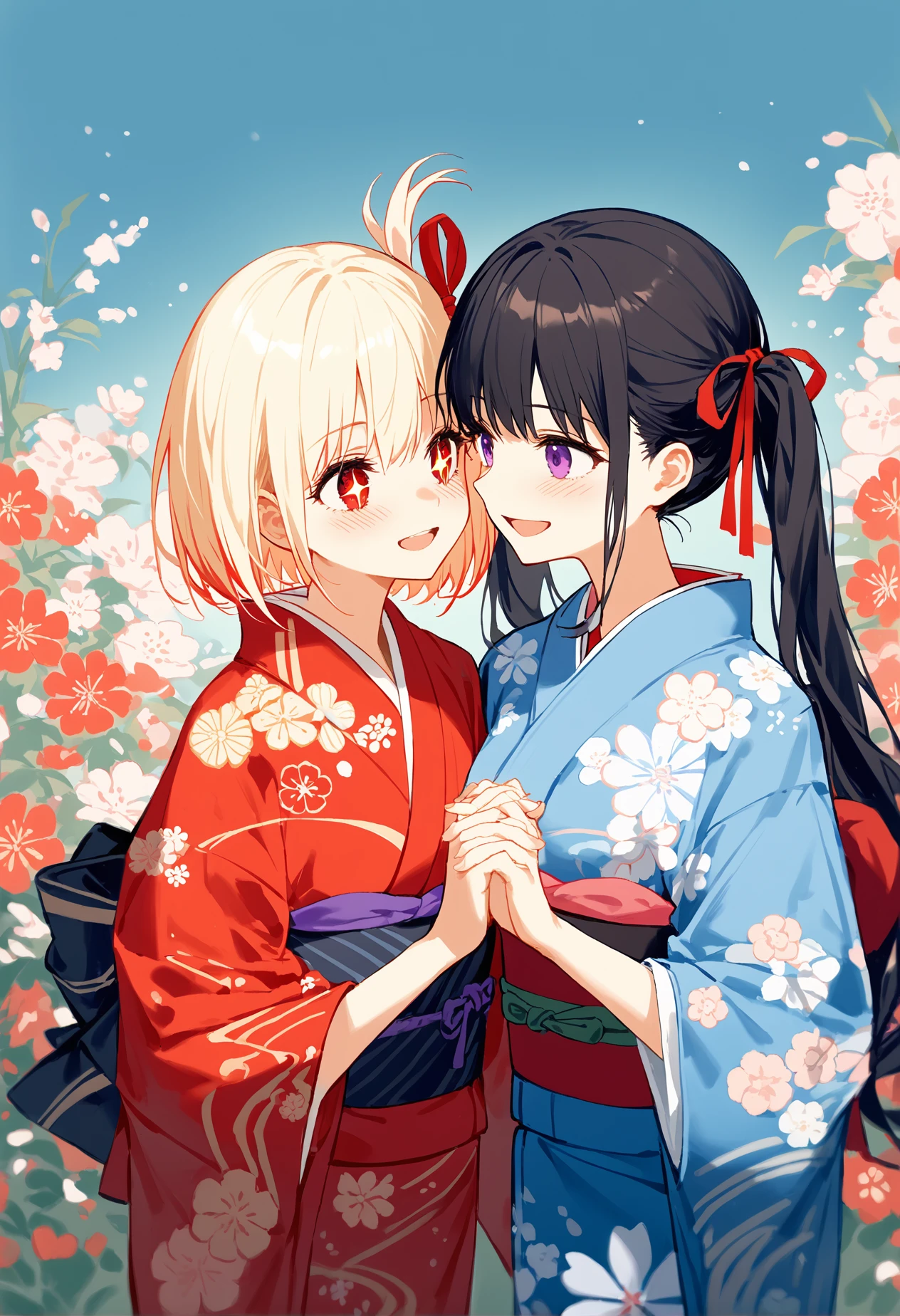 by jiji \(381134808\), inoue takina, nishikigi chisato, lycoris recoil, highres, 2girls, black hair, blonde hair, blue kimono, blush, floral background, hair ribbon, holding hands, interlocked fingers, japanese clothes, kimono, long hair, looking at another, multiple girls, open mouth, purple eyes, red eyes, red kimono, red ribbon, ribbon, short hair, smile, sparkling eyes, twintails, yuri
uncensored, best quality, masterpiece