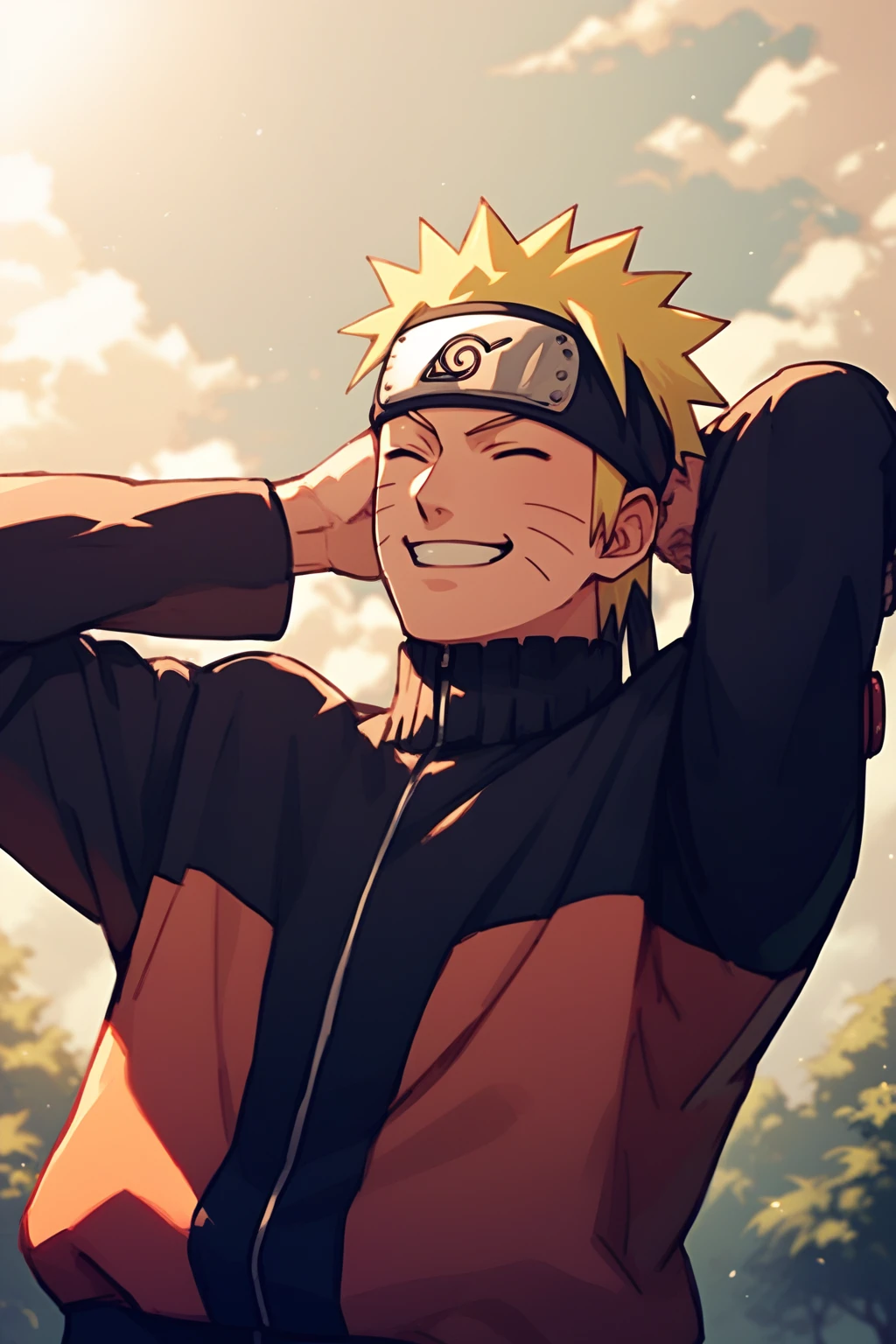 score_9, score_8_up, score_7_up, source_anime, detailed, novel illustration, wallpaper, beautiful details, naruto uzumaki, 1boy, male focus, smile, closed eyes, grin, blonde hair, forhead protector, konohagakure symbol, whisker markings, blue eyes, jacket, arms behind head, upper body, outdoors