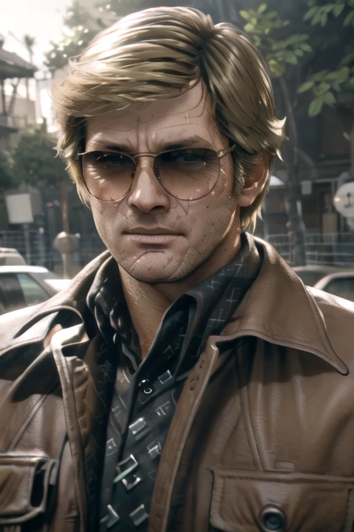 russell adler, 1boy, male focus, looking at viewer, blonde hair, sunglasses, shaded eyes, scar on face, leather jacket, collared shirt, stubble, facial hair, outdoors,
BREAK, best quality, highres, realistic,  game cg,
<lora:AdlerV2:1>