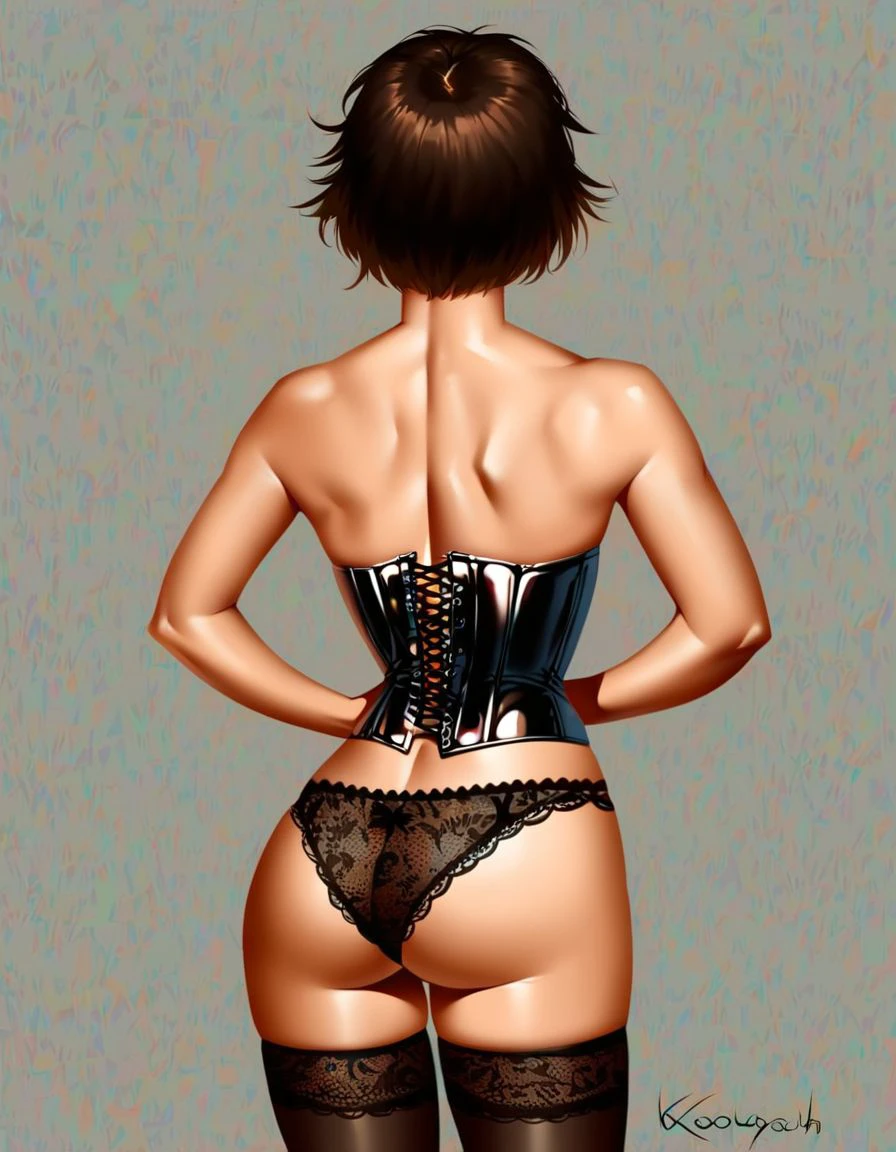 score_9, koufay, 1girl, ass, corset, thighhighs, underwear, from behind, brown hair, back, lace, panties, lingerie, short hair, pinup, <lora:pinup_pony:0.88>