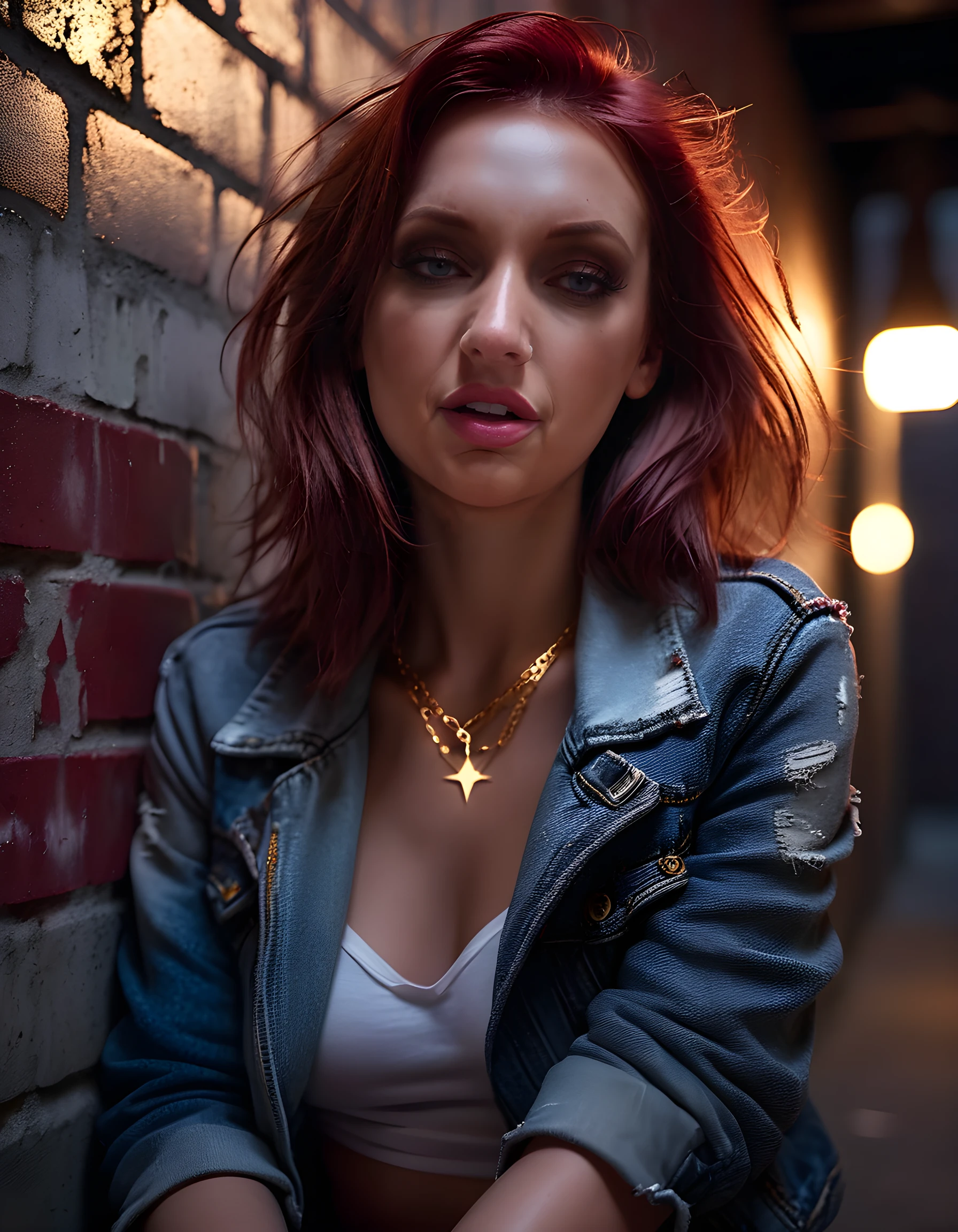 In a gritty, noir-inspired alleyway bathed in the soft glow of neon lights, the camera captures a close-up portrait of Melanie Marie, a stunning woman with cascading chestnut hair and full lips painted crimson. Draped in a distressed denim jacket over a simple white t-shirt, she exudes confidence as she leans against the rough brick wall, one leg crossed over the other, revealing a glimmering gold necklace that hangs around her neck like a constellation of stars. Her eyes, smoky and intense, seem to hold secrets of a thousand stories, while the delicate strands of her hair frame her face, casting intriguing shadows on the rough concrete behind her. The image is a testament to raw beauty, resilience, and the allure of the night.