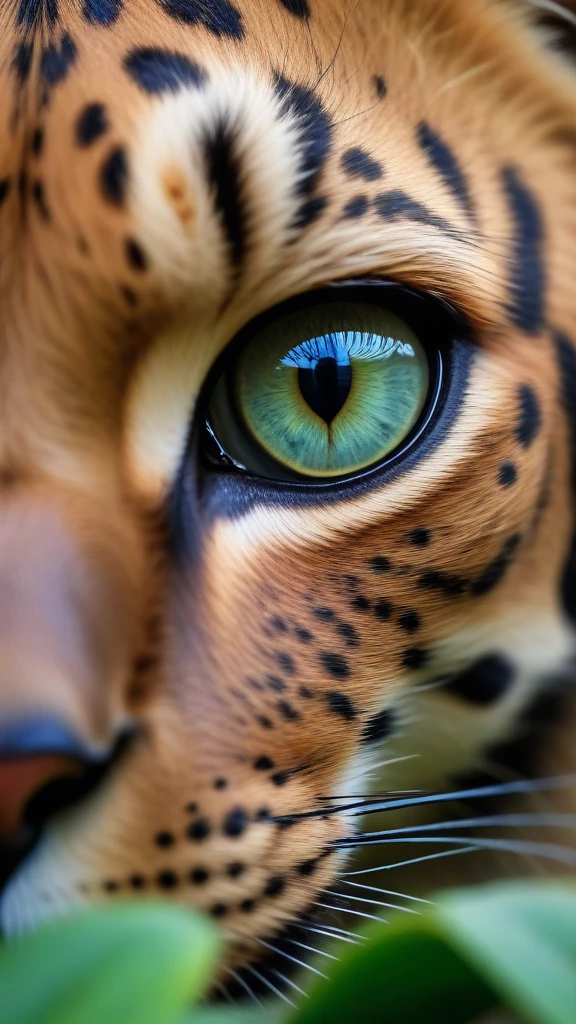 (b3yond_DolbyVision_vibrant_summer_shot1_style_masterpiece:1.2) /imagine prompt: wet_on_wet_Zbrush Detailed Shot of a Leopard's face close-up, intense green eyes, whiskers adorned with dewdrops, golden fur with dark rosettes, dense savanna foliage in the background, macro photography [score120_up_score90_up_score60_up_score30_up_score15_up_Surphaser 25HSX:1.2):0.9):0.6):0.3):1.5):MICRO_DETAILED]