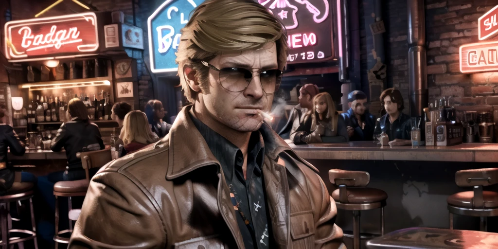 russell adler, 1boy, male focus, looking at another, blonde hair, sunglasses, shaded eyes, scar on face, leather jacket, collared shirt, stubble, facial hair, holding cigarette, smoking,
BREAK, table, bar \(place\), neon lights, light reflection,
BREAK, best quality, highres, realistic, game cg, game screenshot,
<lora:AdlerV2:1>