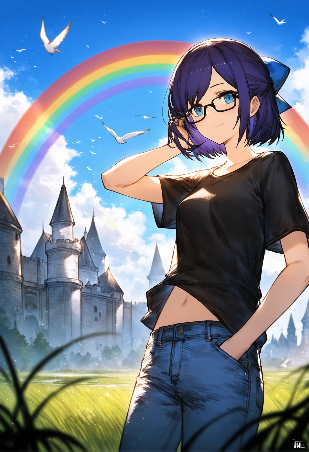 by jun wei, a-chan \(hololive\), hololive, highres, 1girl, bird, black-framed eyewear, black shirt, blue bow, blue eyes, blue pants, blue sky, blurry, blurry foreground, blush, bow, breasts, castle, closed mouth, cloud, cloudy sky, cowboy shot, day, denim, depth of field, fantasy, glasses, grass, hair bow, hand in own hair, hand in pocket, jeans, light particles, looking at viewer, midriff peek, outdoors, pants, parted bangs, purple hair, rainbow, scenery, shirt, short hair, short sleeves, signature, sky, small breasts, smile, solo, t-shirt, uncensored, best quality, masterpiece