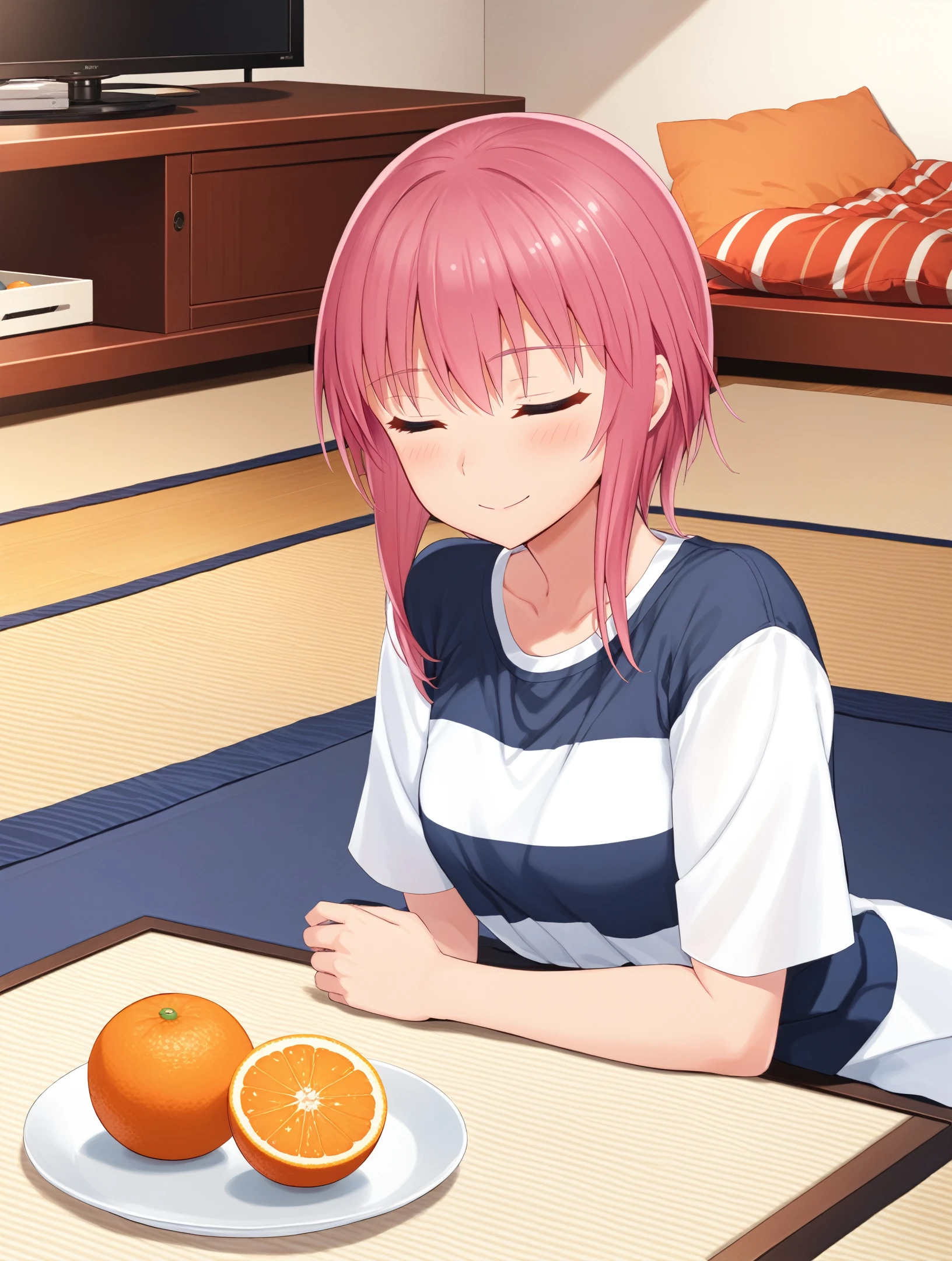 masterpiece, best quality,
1girl,solo,
 happy,closed mouth, 
 <lora:hinori-Kakuriyo.sfw.sdxl.v2:0.6> hinorikakuriyo, pink hair, pink eyes,
(living room),kotatsu
 sitting, on floor, table,  lazy, closed eyes, white shirt ,blue shirt, striped,  oranges, cold,