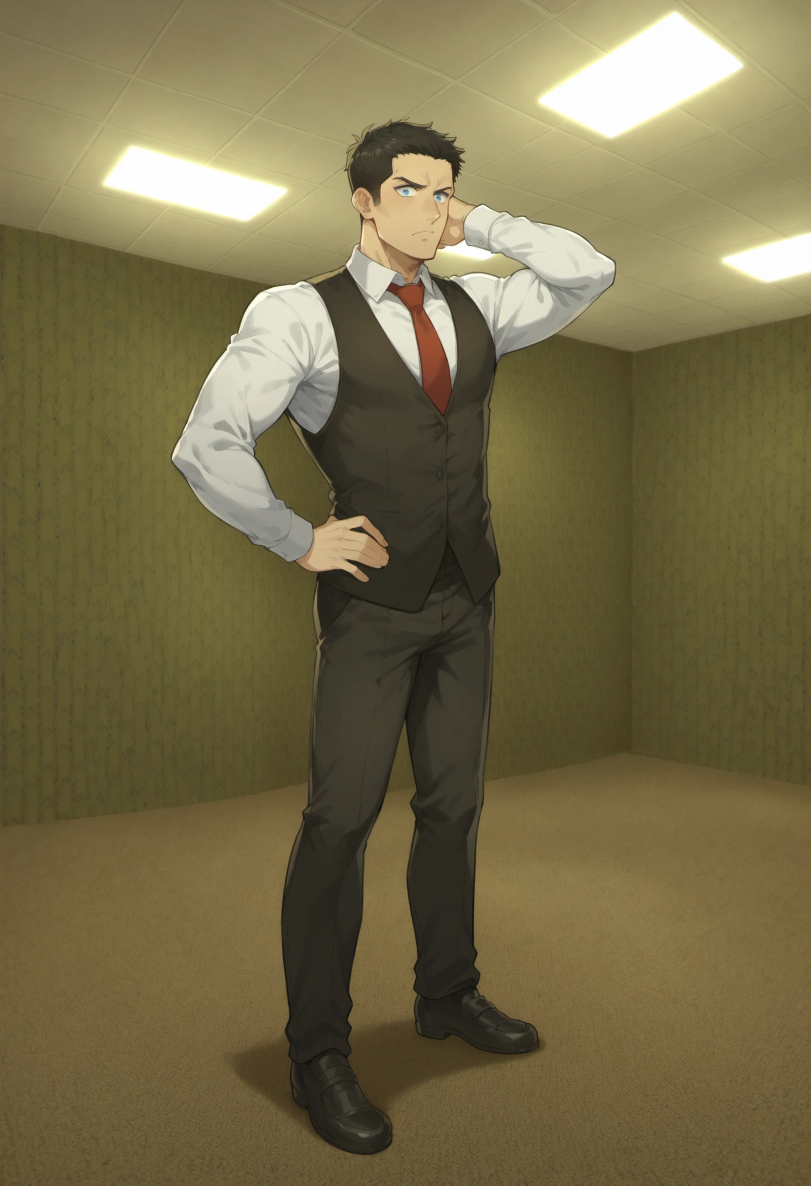 score_9, score_8_up, score_7_up, score_6_up,
BREAK
1boy, salaryman, mature, black hair, blue eyes, muscular, standing, confused, sigh, standing, arm behind head, hand on own hip
BREAK
blue collared shirt, long sleeves, black vest, red necktie, black pants, black shoes
BREAK
wide shot, backrooms, backrooms \(creepypasta\), brown carpet floor, yellow wall, argyle wall, tile ceiling, ceiling light, indoors, empty space, bloom <lora:[Backrooms] Backrooms Style Background_epoch_10:1>