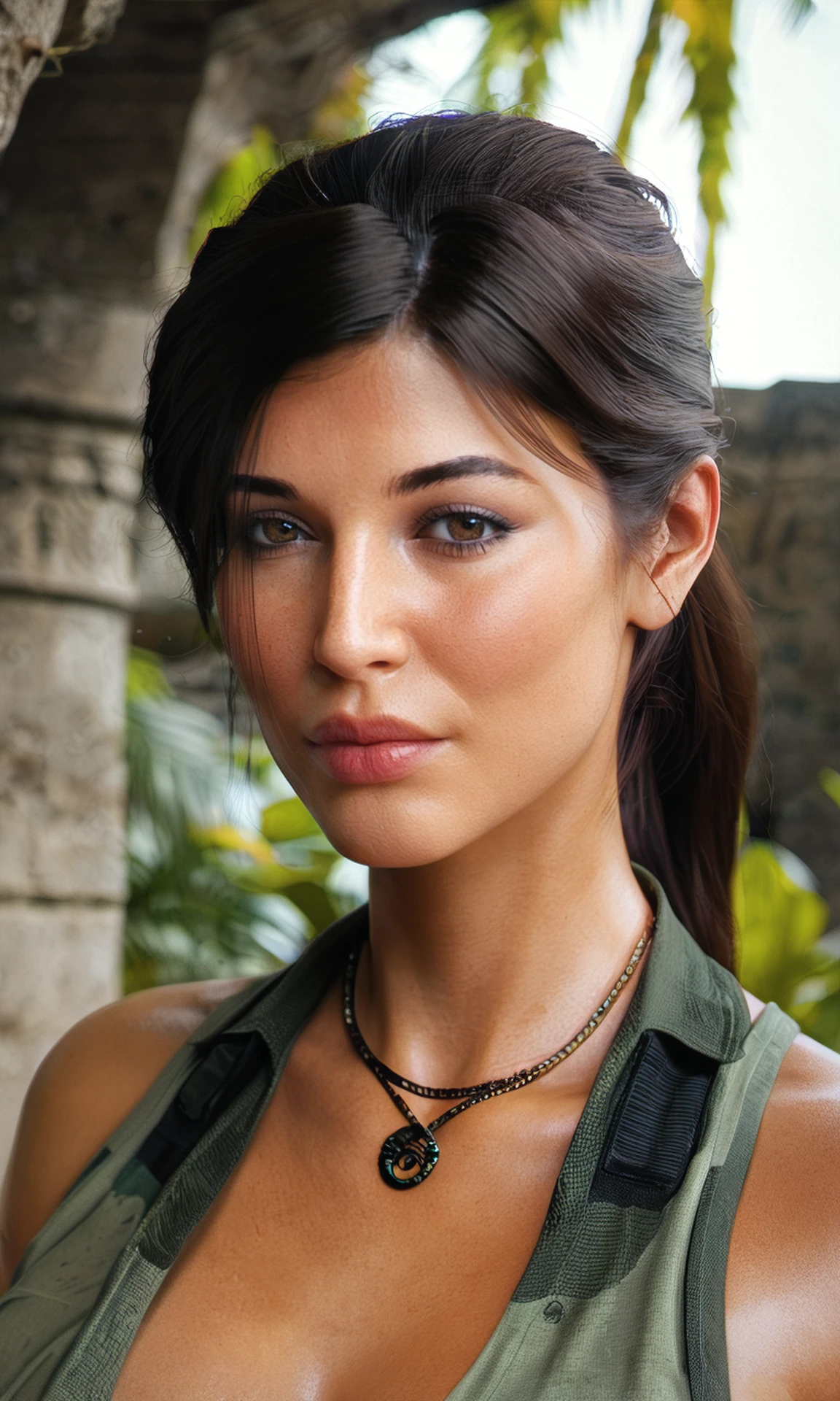 score_9, score_8_up, score_7_up, BREAK, zy_laracroft, 1girl, realistic, brown eyes, necklace, brown hair, ponytail, portrait, realistic, photo, real hair, detailed skin, ruins, jungle, highly detailed, detailed skin, depth of field, film grain, <lora:zy_LaraCroft_PonyRealism_v1:0.7>