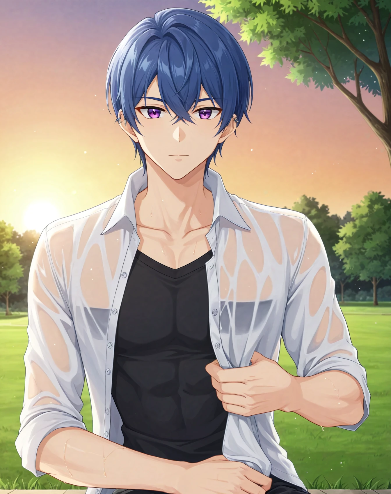 score_9, score_8_up, original style, depth of field, BREAK, rating_nsfw, 1boy, solo, male focus, upper body, mature male, <lora:lu_jinghe_pony:0.8> lu_jinghe_pony, blue hair, purple eyes, short hair, hair between eyes, bangs, ear piercing, skinny, expressionless, black shirt, collared shirt, unbuttoned shirt, dress pants, looking at viewer, sunset, park, sitting, on grass, wet, wet clothes, holding towel,  <lora:sdxl_lightning_8step_lora:1>  <lora:xl_more_art-full_v1:0.5>