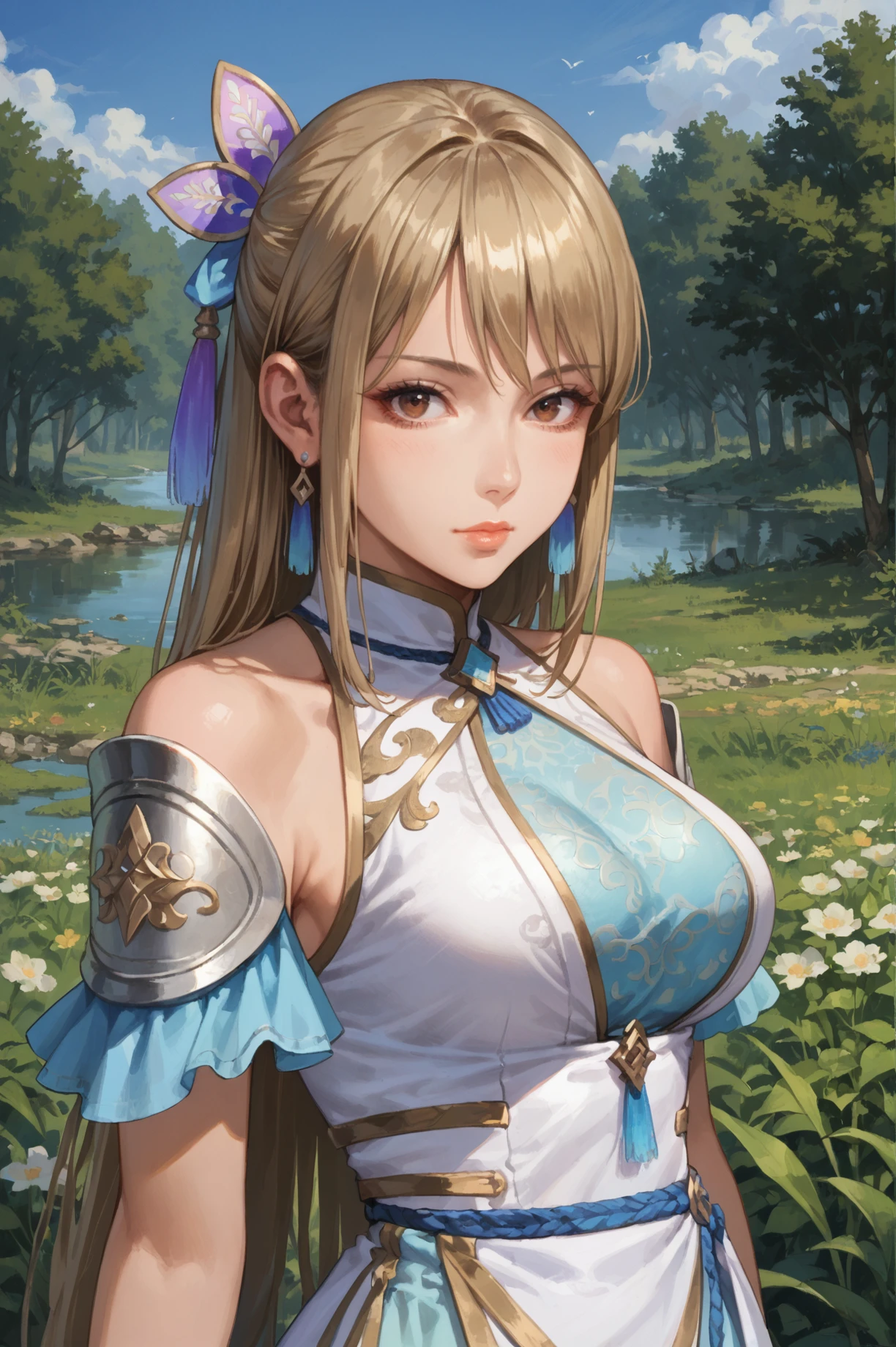 score_9, score_8_up, score_7_up, source_anime, highly detailed, <lora:Wang_Yuanji_Dynasty_Warriors:0.8> solo, 1girl, blonde hair, long hair, big breast, dress, hair ornament, earrings, brown eyes, looking at viewer