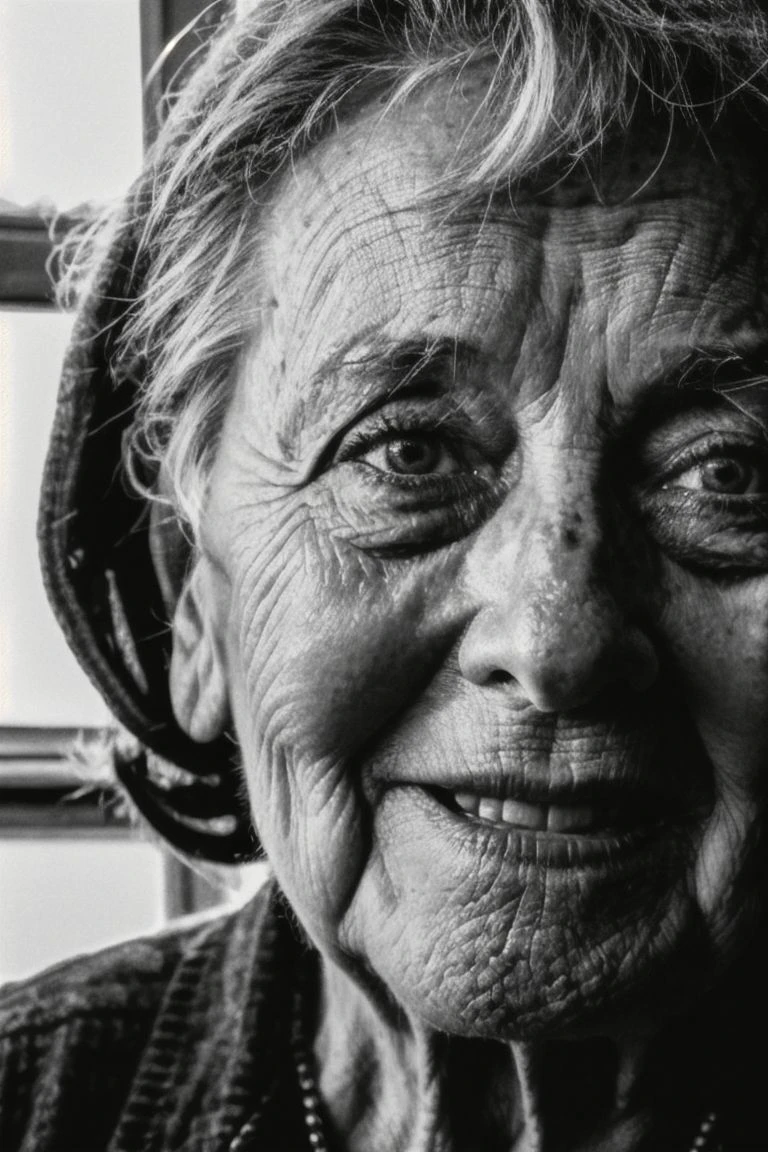 8k, RAW Editorial Photo,
A striking black-and-white close-up of an elderly woman, her weathered face and bright eyes telling stories of a life well-lived, with soft, diffused lighting emphasizing the textures and contrasts. Photographed with a Nikon Z7 II and a NIKKOR Z 50mm f/1.8 S lens.