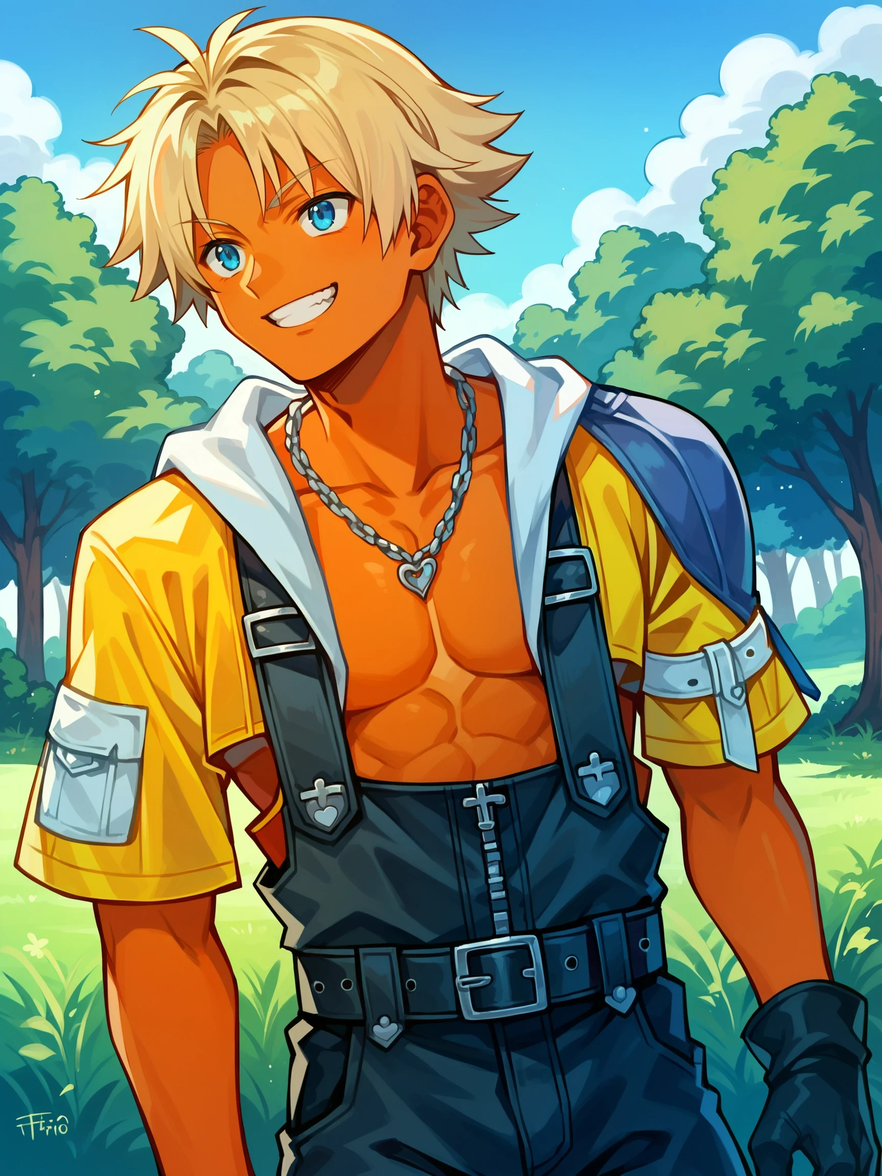 TidusFFX, 1boy, solo, blonde hair, dark hair roots, blue eyes, tan skin, open clothes, shorts, gloves, necklace, overalls, belt, chain, outdoors, smile, confident, 
score_9, score_8_up, score_7_up, masterpiece,, source_anime,