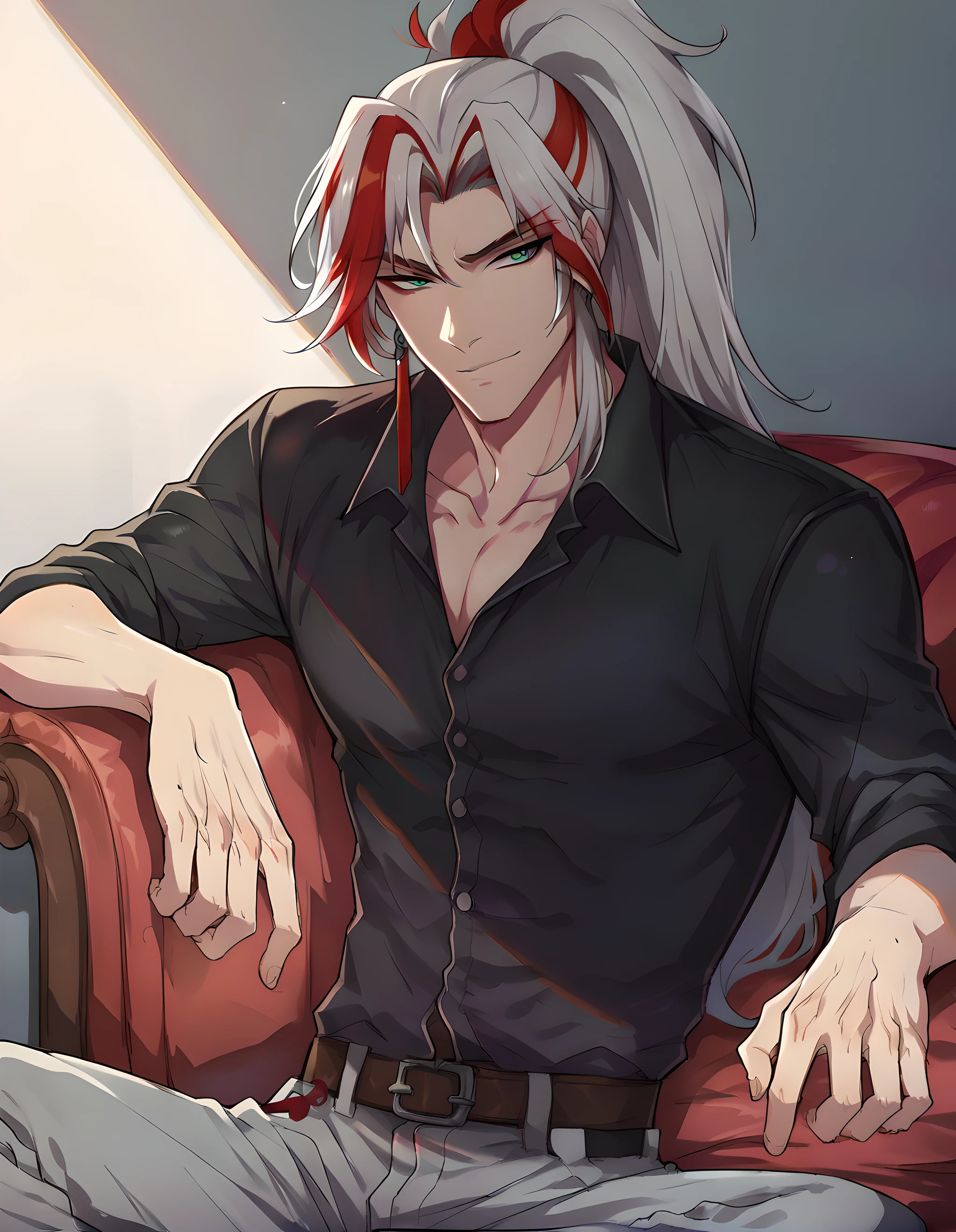 score_9, score_8_up, score_7_up, hs yone, solo, long hair, looking at viewer, smile, shirt, 1boy, sitting, green eyes, ponytail, white hair, grey hair, male focus, red hair, collared shirt, belt, pants, streaked hair, parted bangs, black shirt, dress shirt, couch, brown belt, grey pants, ((from below),  , <lora:Heartsteel_Yone_v1:0.85>, shadow