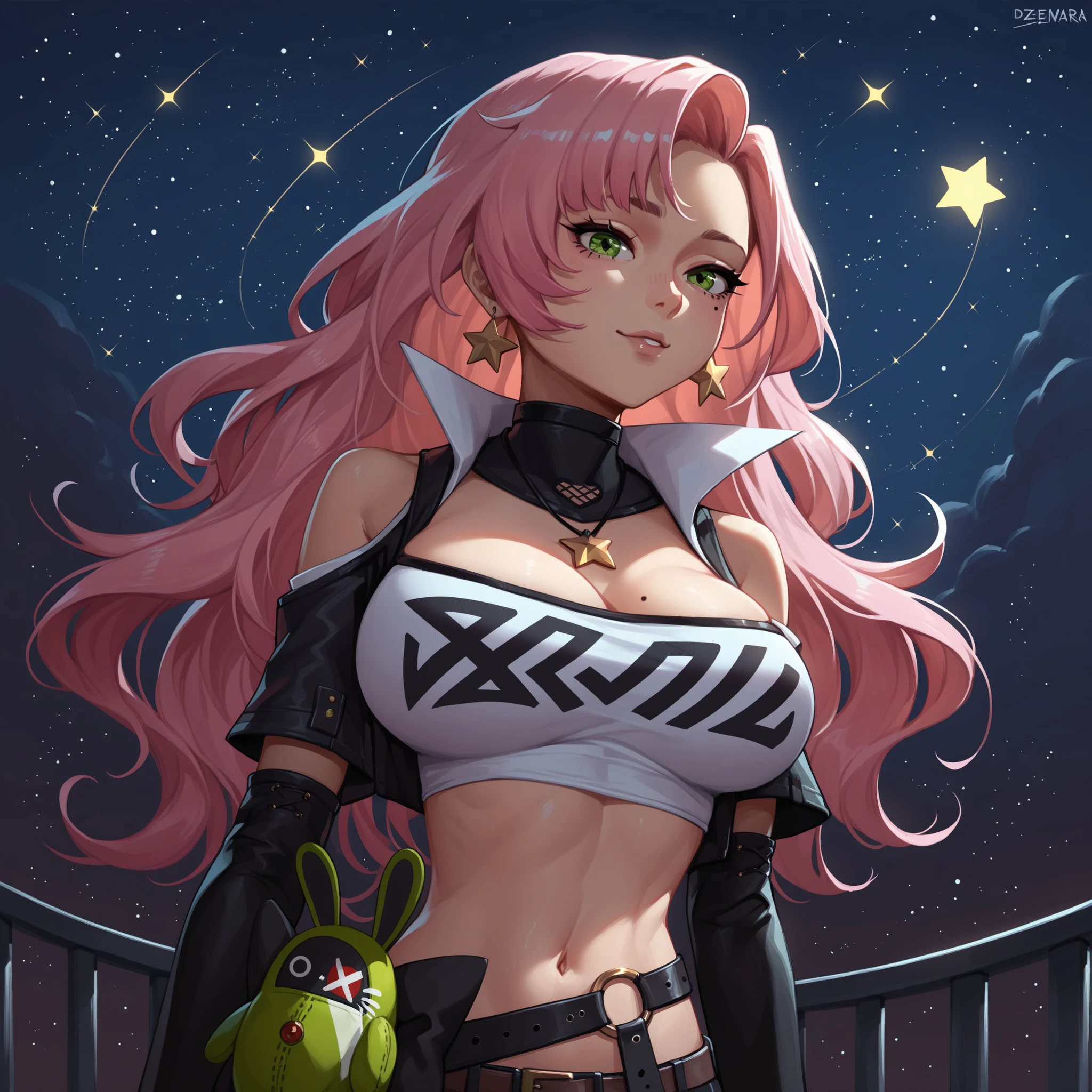 score_9, score_8_up, score_7_up, 1girl, Demara, long hair, pink hair, large breasts, mole on breast, green eyes, midriff, gazing at the stars, dreamy, <lora:a30d0223-6260-438d-8e4c-e8d23e0014be:0.7>