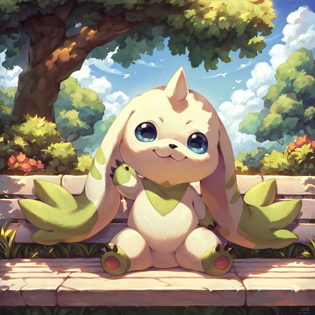 score_9, score_8_up, score_7_up, score_6_up, solo, rating_safe, terriermon, digimon, feral, a professional photograph of terriermon sitting, on a bench, in a park, countershading, outstanding, beautiful, detailed, complex background