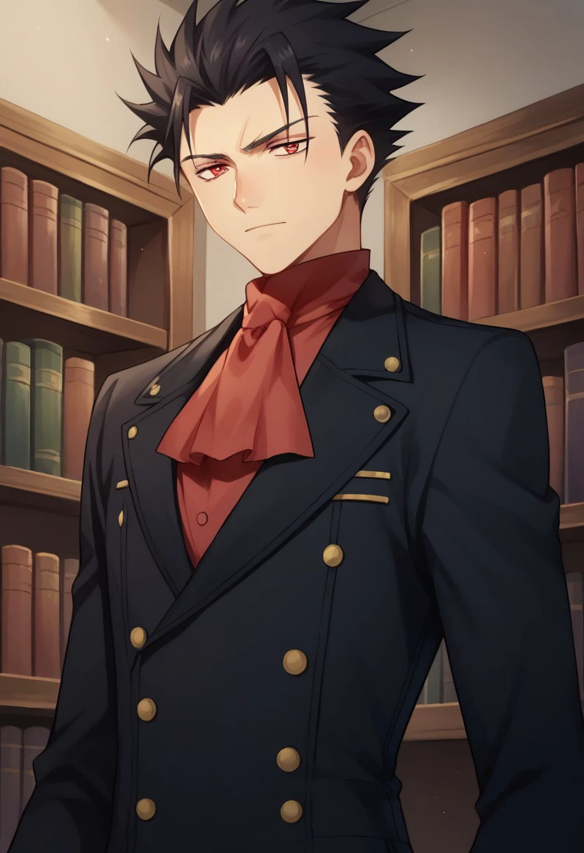 score_9, score_8_up, score_7_up, source_anime, highly detailed, 
kurogane, 1boy, male focus, solo, black hair, spiked hair, red eyes, ascot, red ascot, jacket, black jacket, long sleeves, upper body, slender, 
indoor, books,