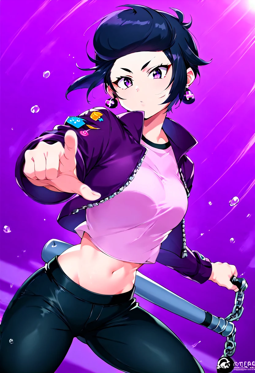 score_9, score_8_up, score_7_up, source_anime,
bibiBS, 1girl, solo, athletic body, purple eyes, black hair, short hair, cross earrings, purple jacket, crop jacket, long sleeves, crop top, pink top, midriff, black pants,
baseball bat, holding baseball bat, movement, motion blur, swinging, foreshortening,
best_quality, masterpiece, anime style