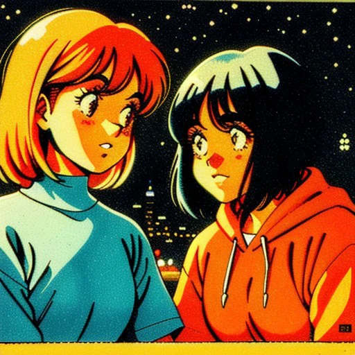 outdoors, dark, pen, head out of frame, 2girls, retro artstyle