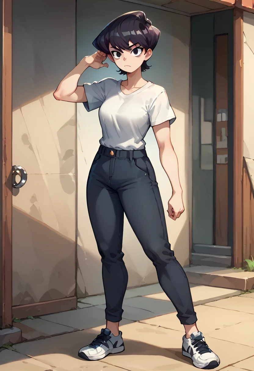 <lora:KomiMompony-10:1>KomiMompony, 1girl, solo, short hair, black hair, black eyes, mature female, Wide-leg pants, tucked in tee, sneakers ,Mimicking a boxer's pose,, score_9, score_8_up, score_7_up, score_6_up, score_5_up, score_4_up,