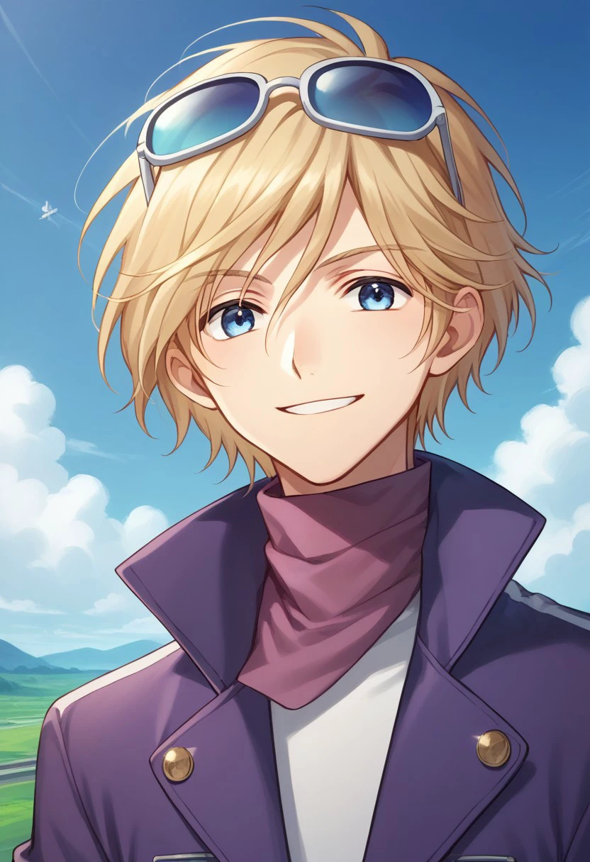 score_9, score_8_up, score_7_up, source_anime, highly detailed, 
fayd, 1boy, male focus, solo, eyewear on head, blue eyes, blonde hair, smile, glasses, scarf, looking at viewer, pilot uniform, jacket, purple jacket, high collar, long sleeves,
outdoor, sky, clouds,