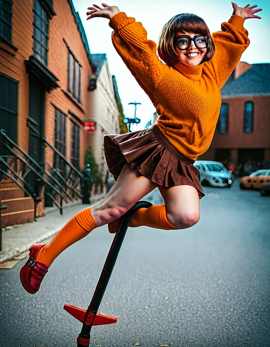 score_9, score_8_up, score_7_up, masterpiece, realistic, raw photo, photorealistic, 32k, true to life, 1girl, solo, Velma Dinkley, orange sweater, brown skirt, glasses, short brown hair. cute face. jumping on a pogo stick, ((handle bars:1.5)) holding handle bars. Down a city street. (((Eating a hotdog:1.6)))
