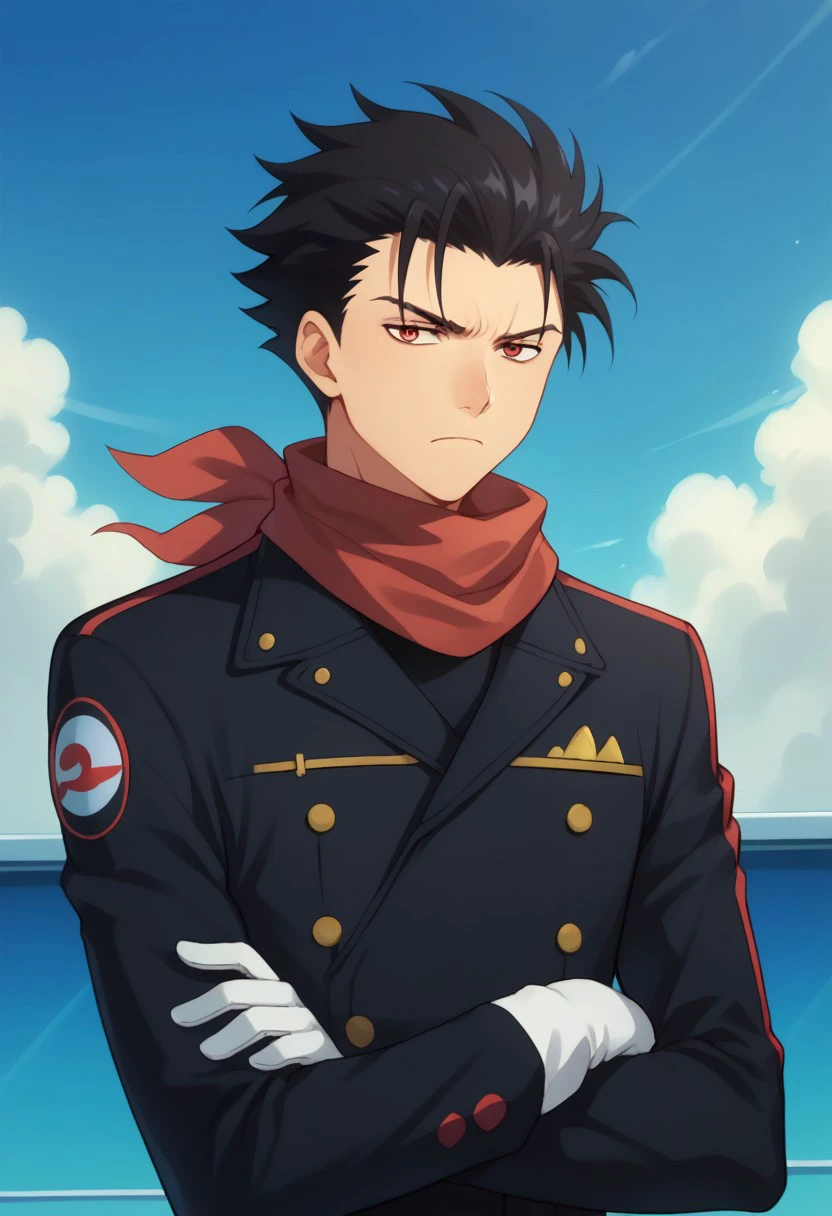 score_9, score_8_up, score_7_up, source_anime, highly detailed, 
1boy, 1boy, male focus, solo, black hair, gloves, scarf, upper body, crossed arms,
closed mouth, white gloves, jacket, short hair, spiked hair, long sleeves, red eyes, black jacket, red scarf, shirt, frown, pilot uniform slender
outdoor, sky,