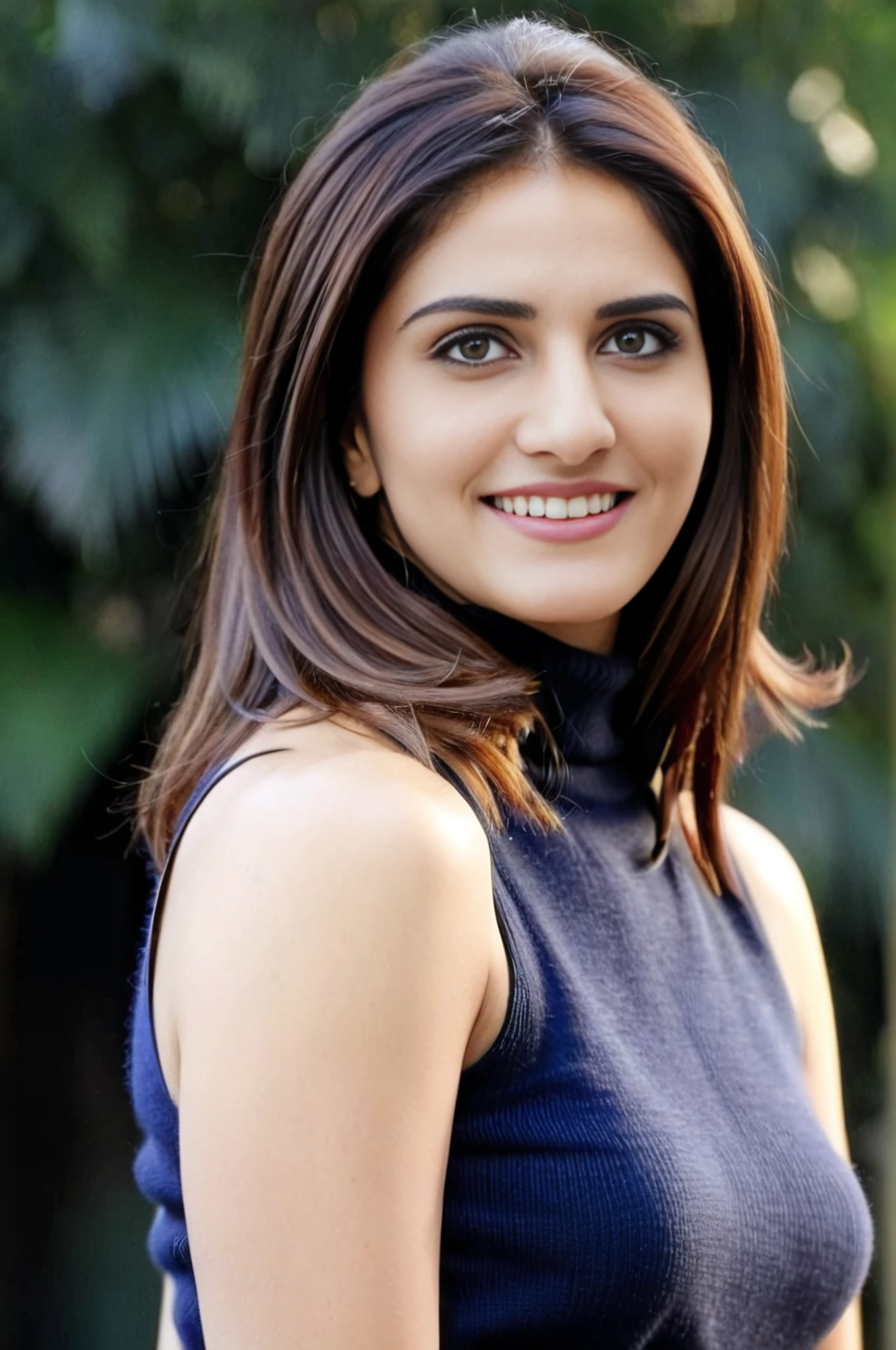 upper body photo of vaani kapoor woman, solo,  hair cut, smile, looking at the camera,  Navy sleeveless turtleneck, , contrasting background bokeh,  <lora:Vaani_Kapoor_SDXL_LoRA_prodigy_local_xformers_HNE:1>