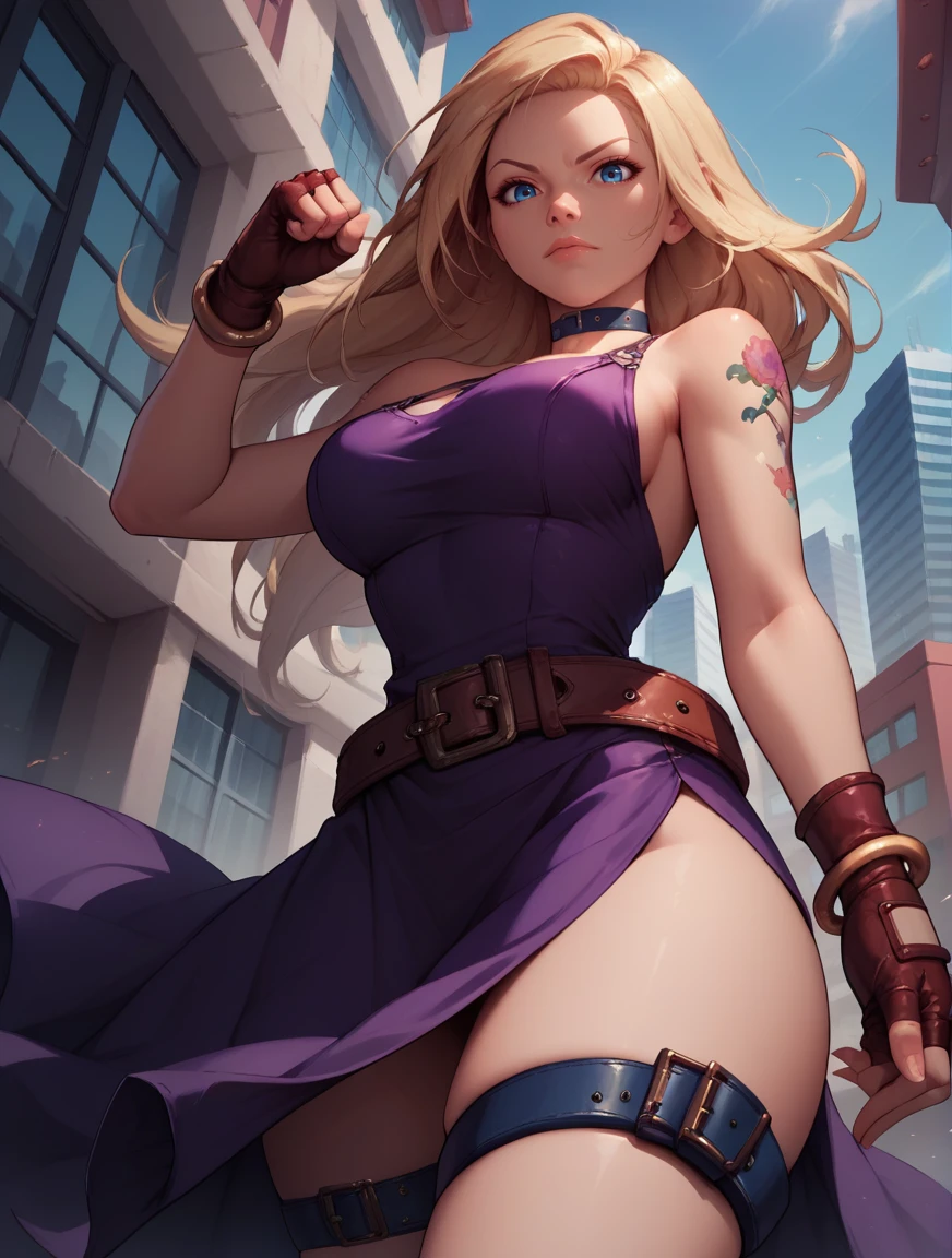 score_9, score_8_up, score_7_up,score_6_up, score_5_up, score_4_up , 1girl, solo, 
large breasts,
jenetdg,
long hair, blonde hair, blue eyes, 
gloves, choker, belt, fingerless gloves, thigh strap, purple dress,bangle, arm tattoo, flower tattoo, loose belt,
fighting stance, 
from below,
looking at viewer, 
city, building,
 <lora:Jenet DG (PonyXL) v01-000003:0.90>