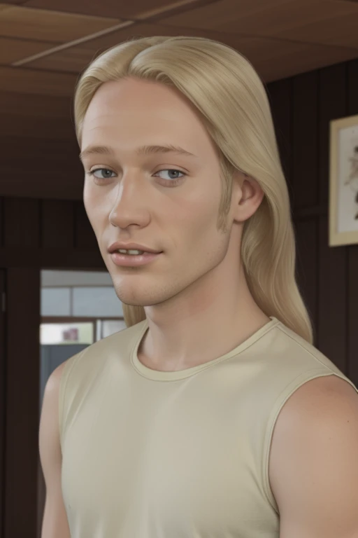 <lora:Elroy Lucky Kleinschmidt - King of the Hill:0.7> elroy_lucky_kleinschmidt, 1boy, dirty blonde hair, side_burns, sleeveless, faded yellow shirt, tank top, teeth, photo realistic,