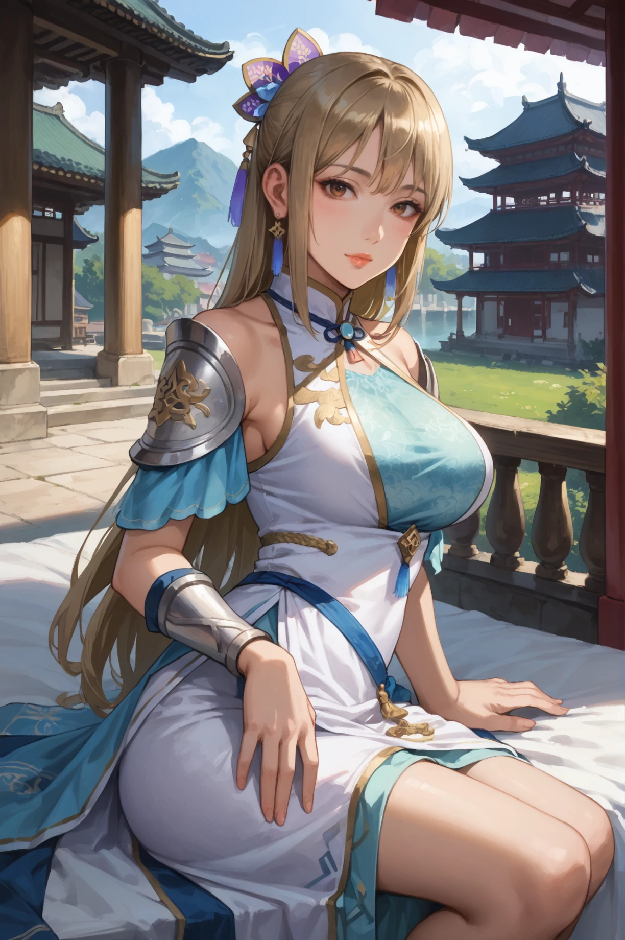 score_9, score_8_up, score_7_up, source_anime, highly detailed, A woman lying on her side on a bed, propped up on one elbow, her other hand resting on her hip., <lora:Wang_Yuanji_Dynasty_Warriors:0.8> solo, 1girl, blonde hair, long hair, big breast, dress, hair ornament, earrings, brown eyes, east asian architecture, looking at viewer