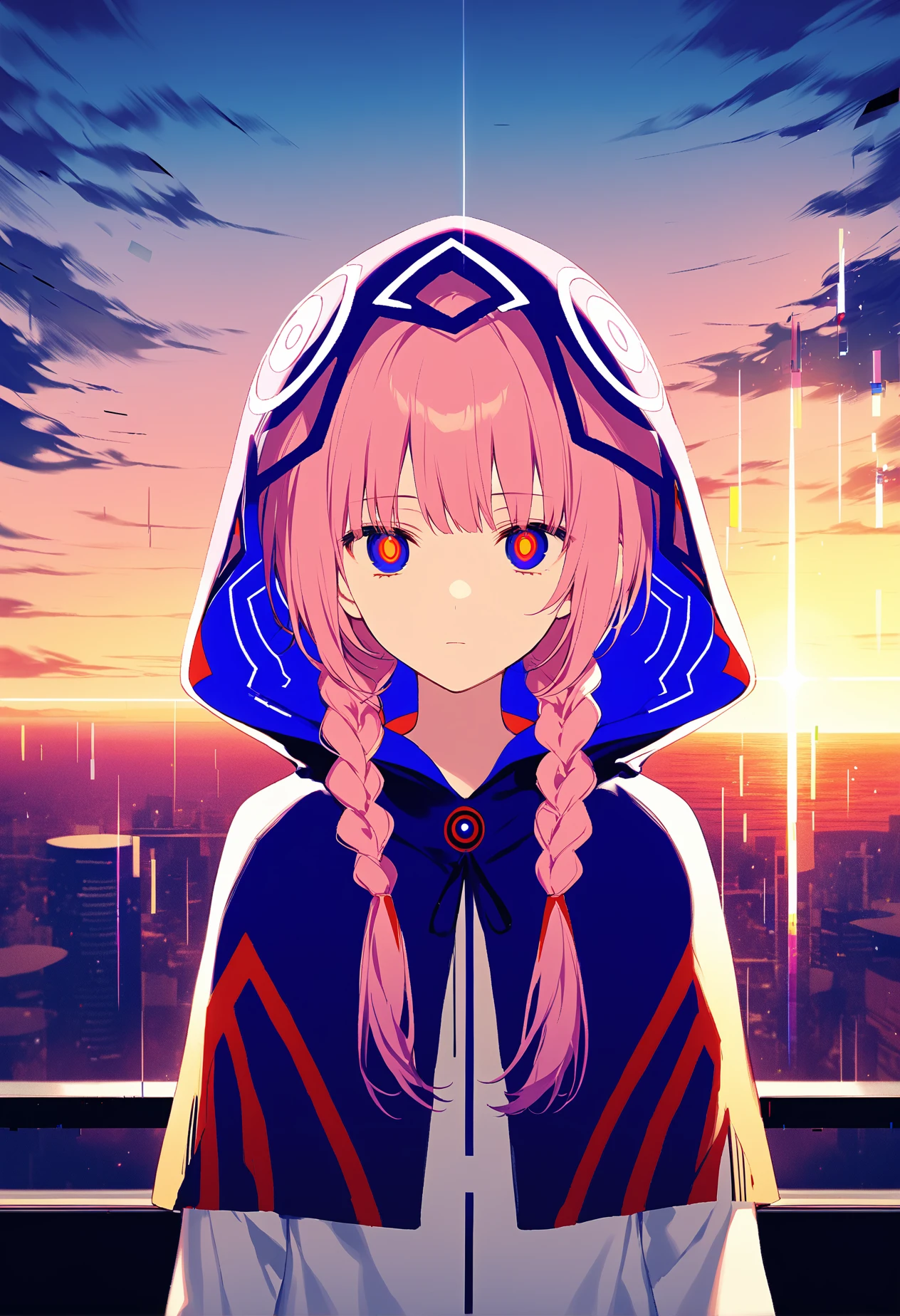 by achiki, kaf \(kamitsubaki studio\), kamitsubaki studio, 1girl, braid, capelet, cityscape, cloud, diffraction spikes, dusk, evening, expressionless, glitch, hood, hood up, hooded capelet, horizon, long hair, looking at viewer, low twin braids, multicolored eyes, pink hair, scenery, sky, solo, sunset, twin braids, twintails, upper body, yellow pupils, uncensored, best quality, masterpiece