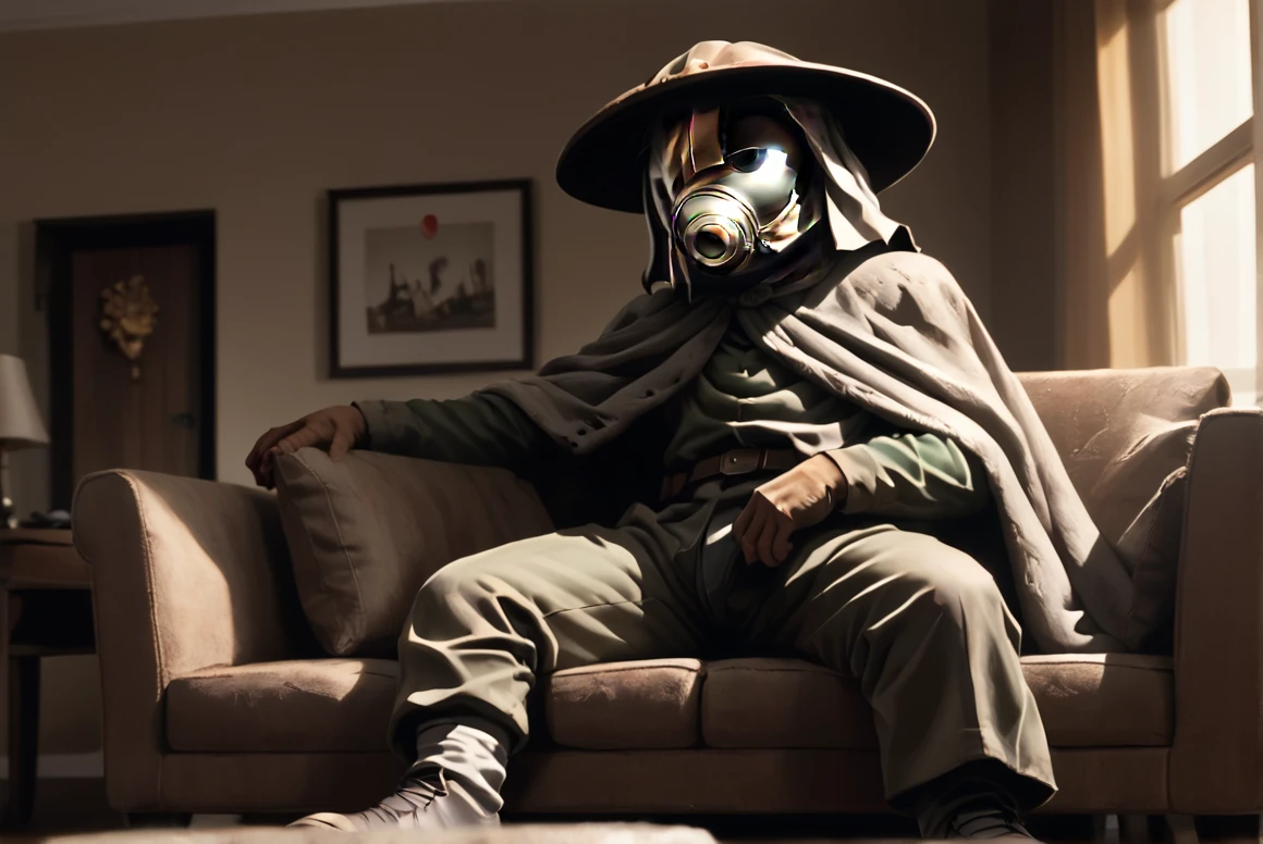 score_9, score_8_up, score_8,   <lora:Kanta_SunabozuDesert_Punk_for_PonyXL:0.8> 1boy, k4nt4, solo, hat, mask, cape, helmet, sitting on couch, living room, window