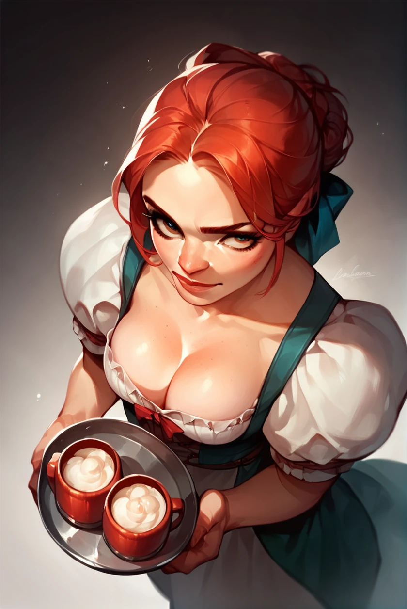 score_9, score_8_up, score_7_up, score_6_up, score_5_up, 
medbarmaid, woman, holding tray with mugs, cleavage, upper body, puffy sleeves, red hair, ribbon, from above,
masterpiece, best quality, 
<lora:MedievalBarMaid-medbarmaid-Pony-v1:1>