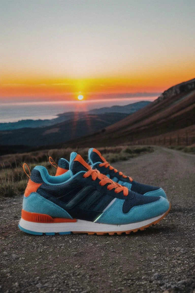 8k, RAW Editorial Photo,
"Sunrise Surprise": Photograph colorful sneakers with warm orange and cool blue dual-color grading. Use a Nikon Z7 and a 35mm f/1.4 lens to capture the vibrant hues during sunrise. Natural lighting will create an energetic and playful atmosphere.
