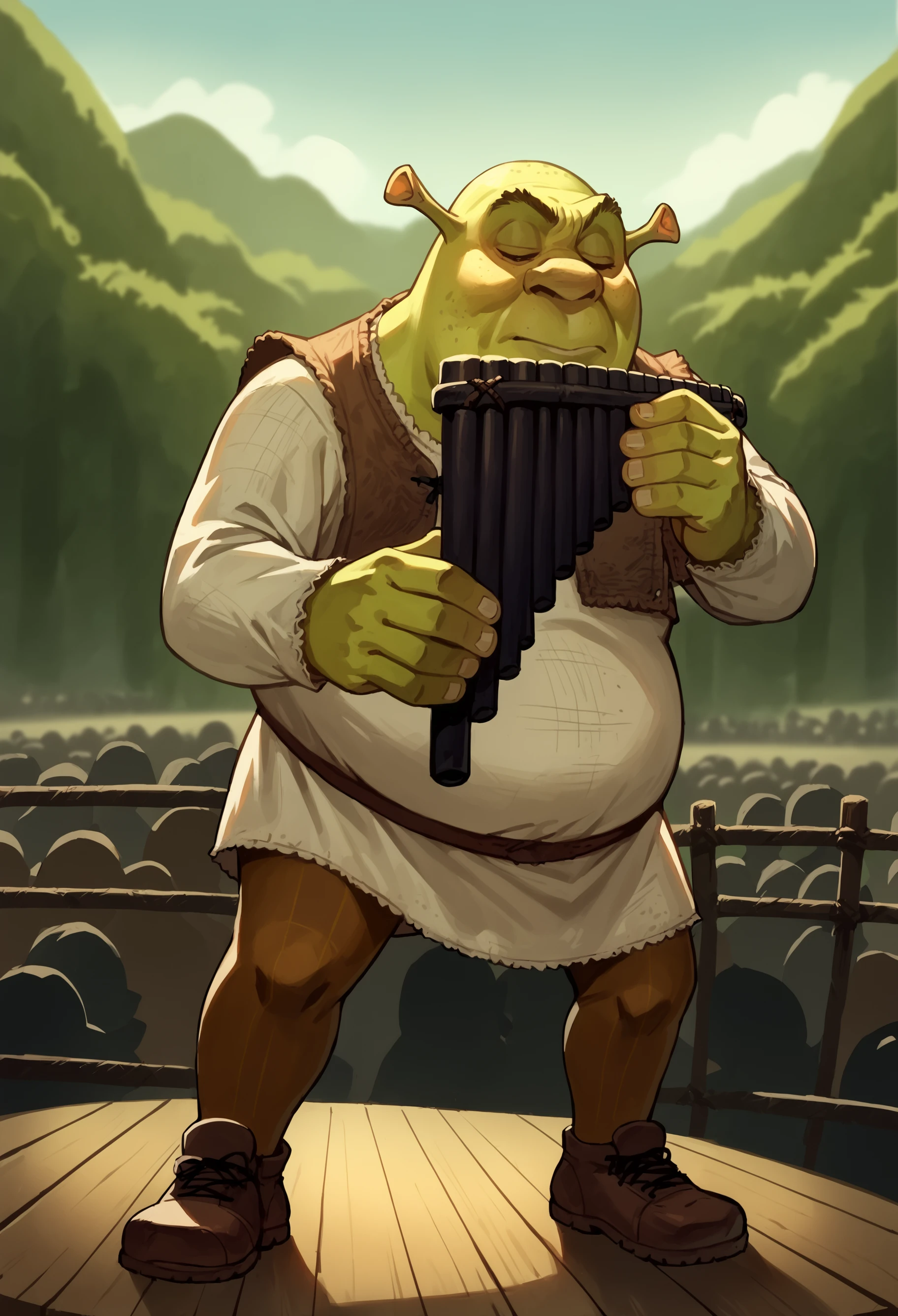 score_9, score_8_up, score_7_up, score_6_up, score_5_up, shrek<lora:Shrek_XLPD>,
on stage,stage scenery,outdoor stage
,playing black panflute<lora:PanflutePonyV1>