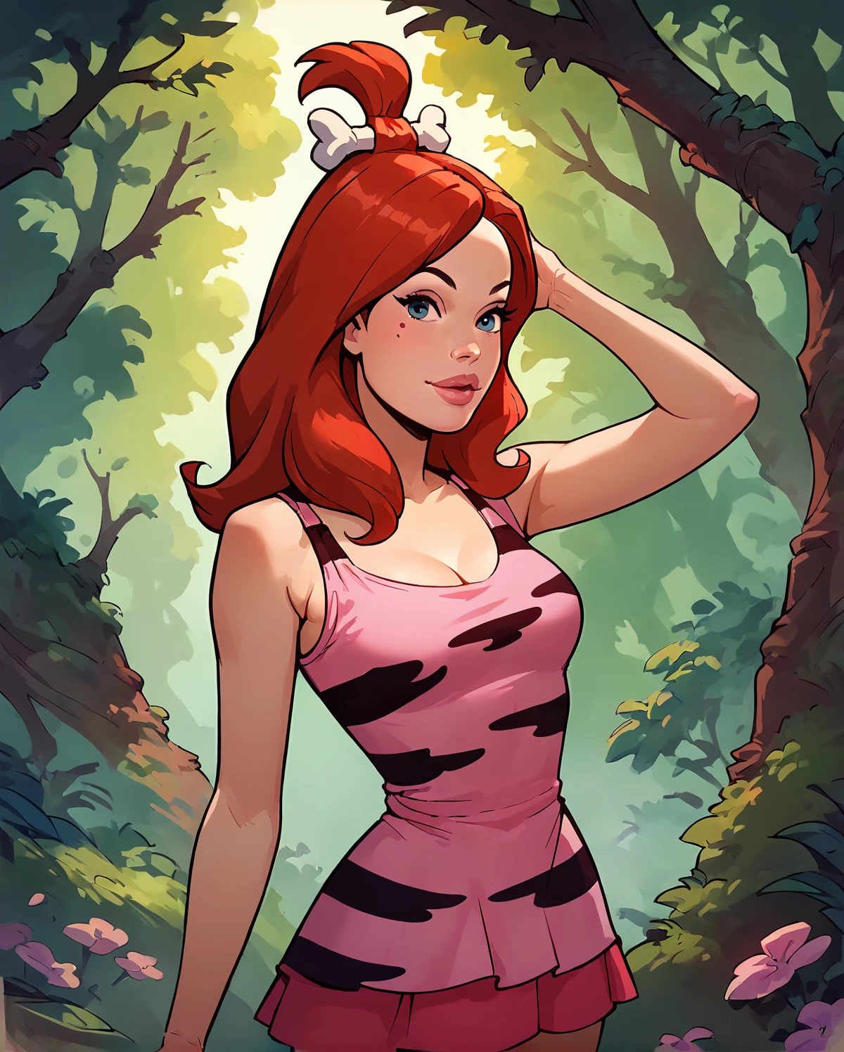 pebbles, 1girl, red hair, wearing sexy stone age dress, standing in sexy pose, at forest, cowboy shot <lora:fallen_ai_PONY_adult_pebbles:0.65>  <lora:sleepygimp-guy-PONYv1:1>, zPDXL, score_8_up, score_7_up, score_6_up, score_9, illustration, <lora:Concept Art Twilight Style SDXL_LoRA_Pony Diffusion V6 XL:0.75>