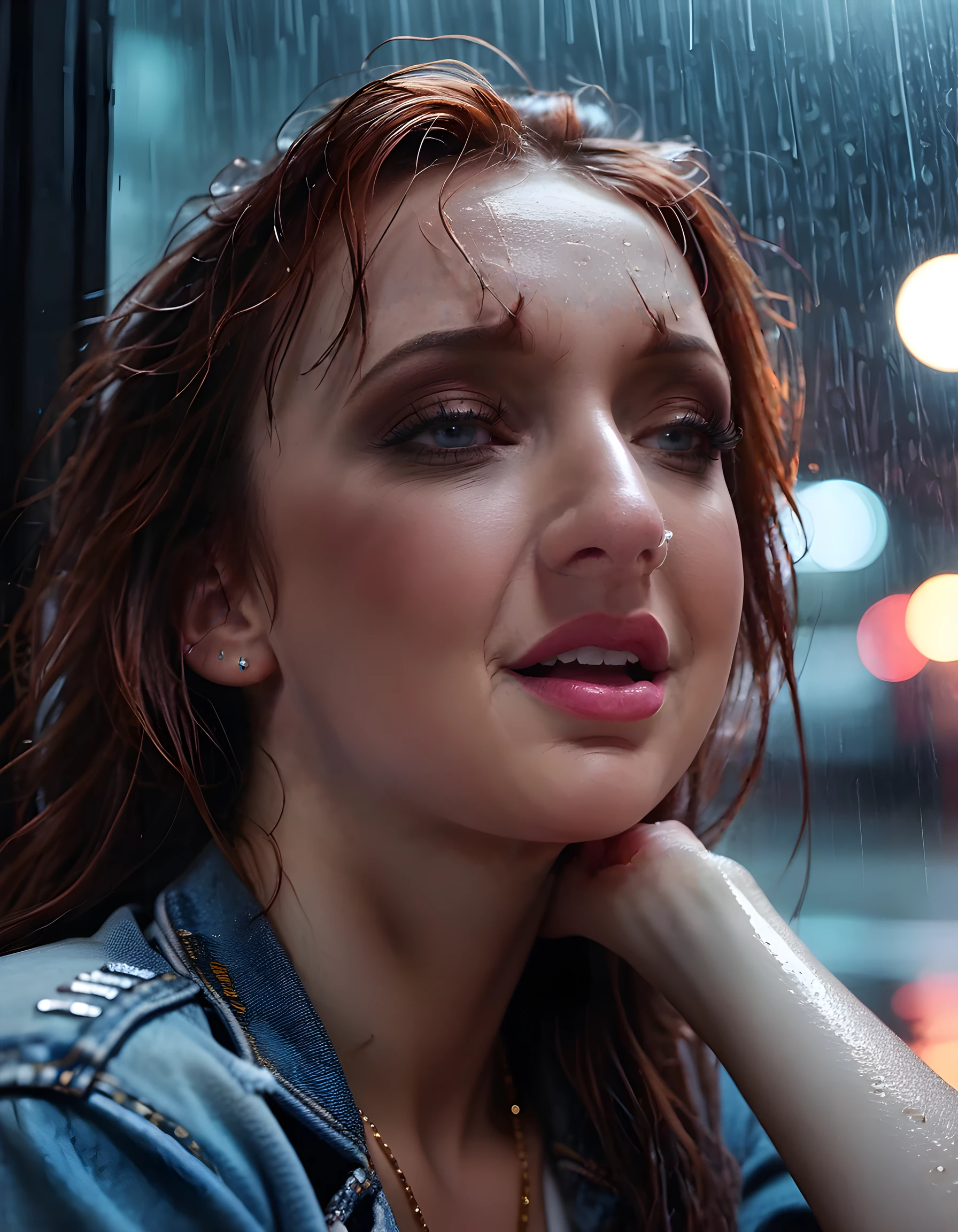 In a gritty, urban setting bathed in the soft glow of neon lights filtering through rain-streaked windows, a close-up image captures Melanie Marie, lying on her side with her head slightly tilted, her long, wavy chestnut hair cascading over one shoulder. Her expressive eyes, filled with both vulnerability and strength, gaze introspectively into the distance. She wears a simple yet stylish outfit - a distressed denim jacket draped over her slender frame, paired with a white, loose-fitting t-shirt adorned with intricate, silver tattoo-like designs. Her lips are painted a bold, fire-engine red, contrasting sharply against her pale skin. A delicate, golden necklace rests around her neck, its pendant glinting in the dim light, and her teeth flash in a subtle smile as she bites her lower lip. The camera angle is low, looking up at her from below, creating an intimate, almost worshipful atmosphere, while a single, raindrop trickles down her cheek, adding a touch of melancholy to this captivating portrait of resilience and beauty.