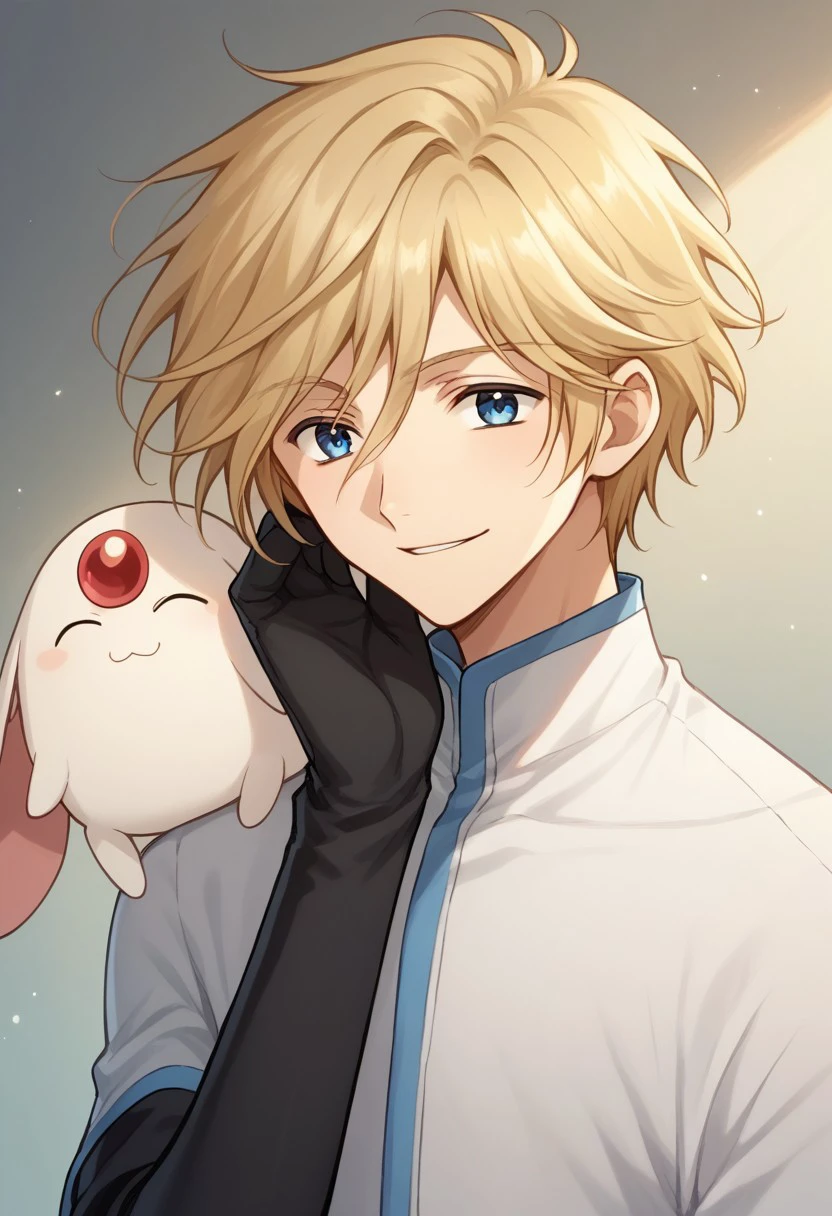 score_9, score_8_up, score_7_up, source_anime, highly detailed, 
fayd, 1boy, solo, male focus, blonde hair, blue eyes, gloves,elbow gloves
black gloves, pants, black pants, upper body, smile, mokona (creature),
indoor,