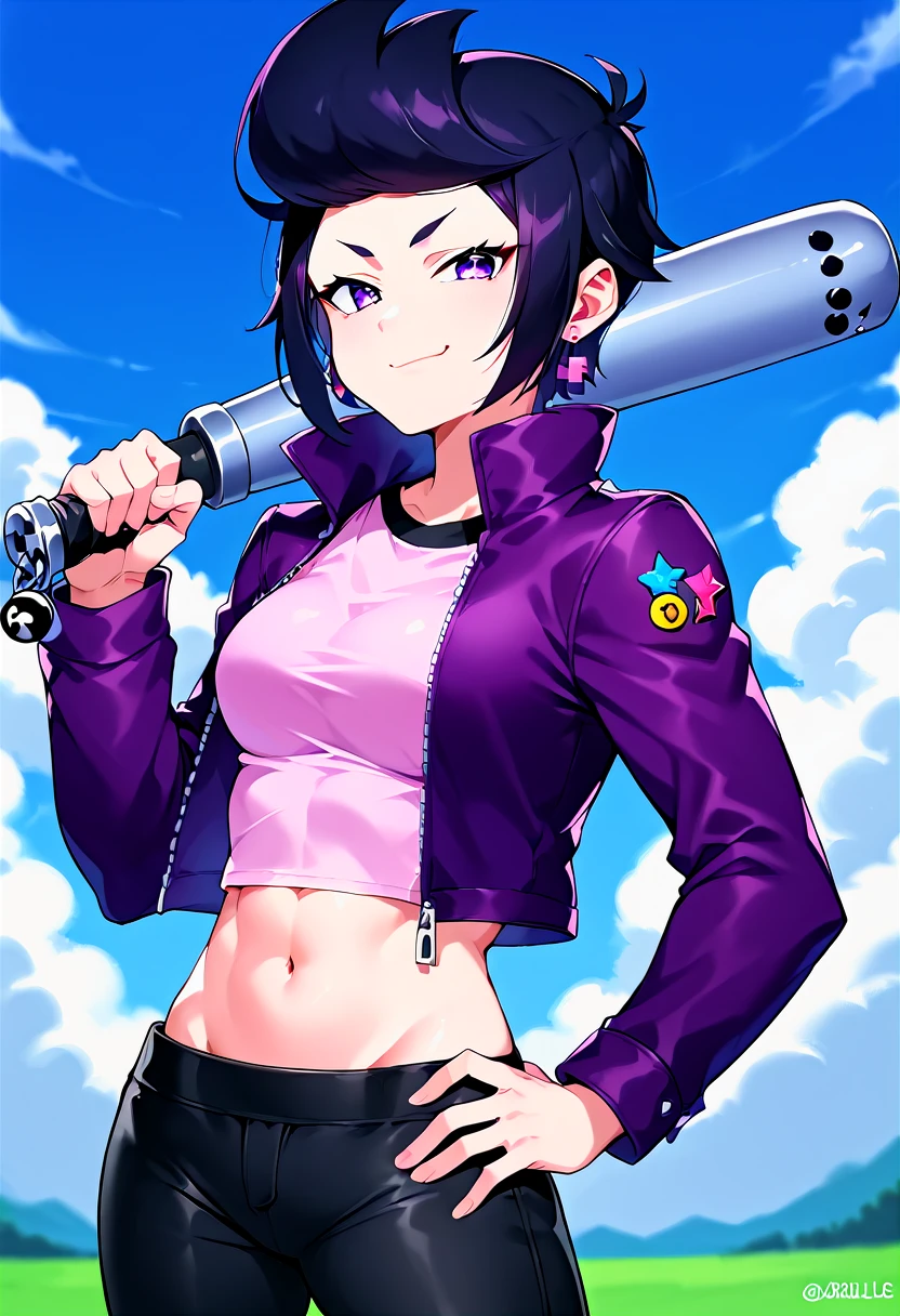 score_9, score_8_up, score_7_up, source_anime,
bibiBS, 1girl, solo, athletic body, purple eyes, black hair, short hair, cross earrings, purple jacket, crop jacket, long sleeves, crop top, pink top, midriff, black pants, blue sky, clouds, hand on hip, baseball bat, holding baseball bat, over shoulder, smug,
best_quality, masterpiece, anime style