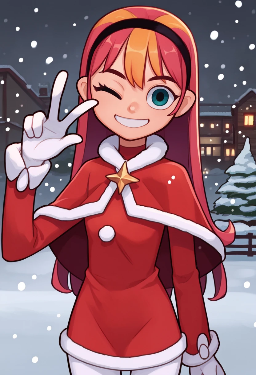 score_9, score_8_up, score_7_up, source_anime, cowboy shot, solo, 1girl, agentxero, makeup, smile, looking at viewer, standing, peace sign, long hair, black hairband, one eye closed, christmas, fur trim, red capelet, fur-trimmed capelet, red dress, fur-trimmed dress, long sleeves, white gloves, white pantyhose, snowing, outdoors <lora:themodifyers_agentxero_ponyXL:1>