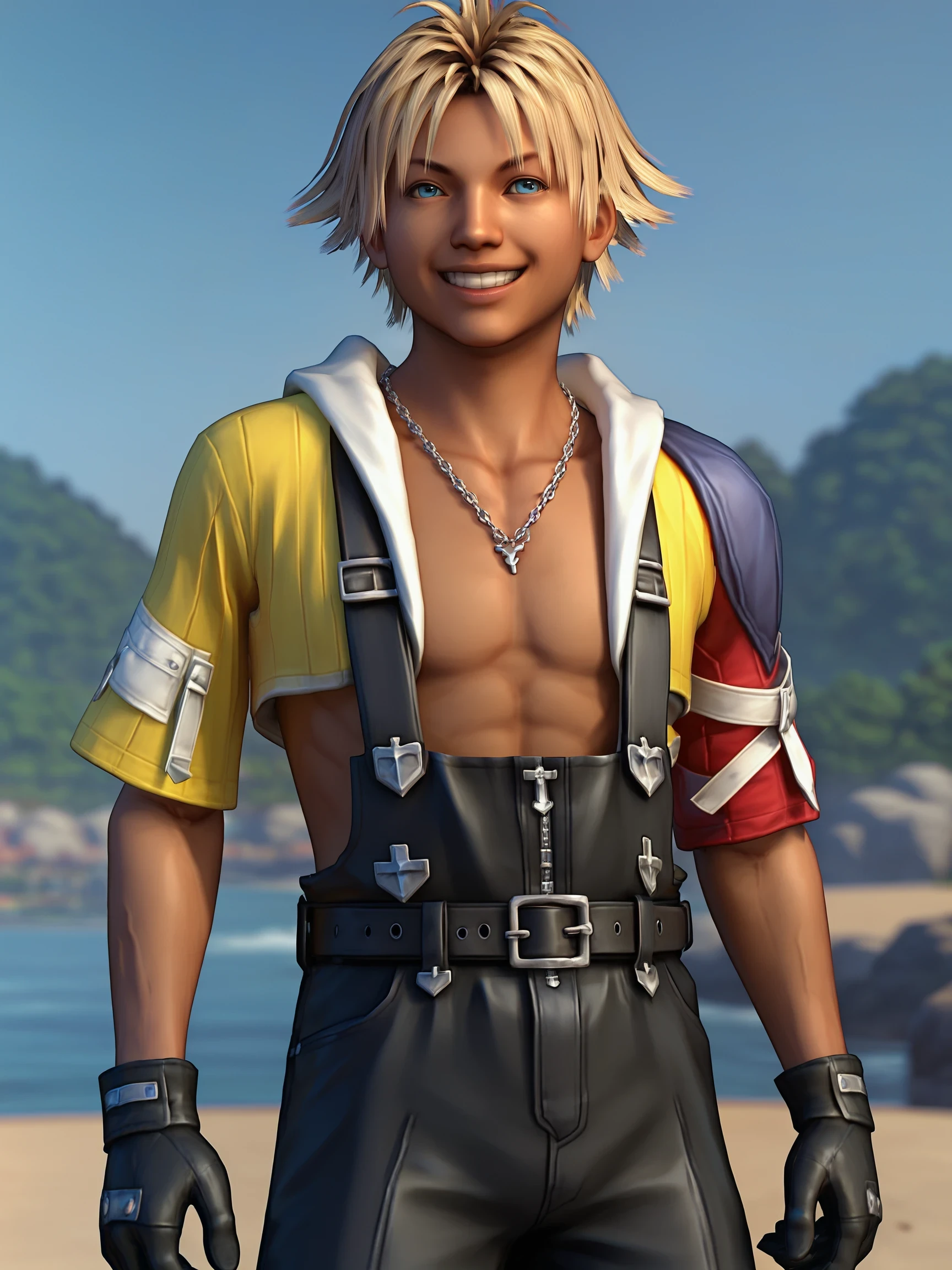 TidusFFX, 1boy, solo, blonde hair, dark hair roots, blue eyes, tan skin, open clothes, shorts, gloves, necklace, overalls, belt, chain, realistic, outdoors, smile, confident, 3d,
score_9, score_8_up, score_7_up, masterpiece,, 