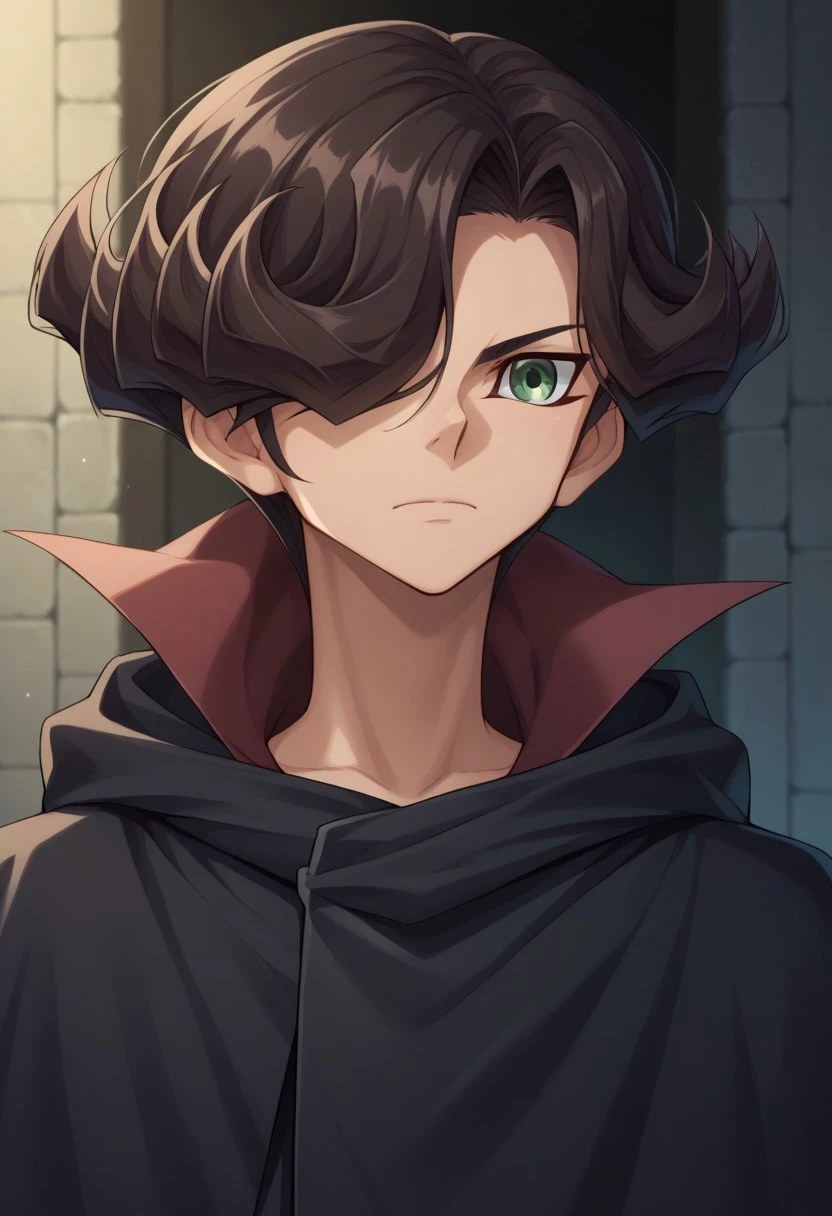 score_9, score_8_up, score_7_up, source_anime, highly detailed, 
alito, solo, 1boy, male focus, hair over one eye, green eyes, upper body, cloak, closed mouth, high collar, black cloak, anime coloring, brown hair,